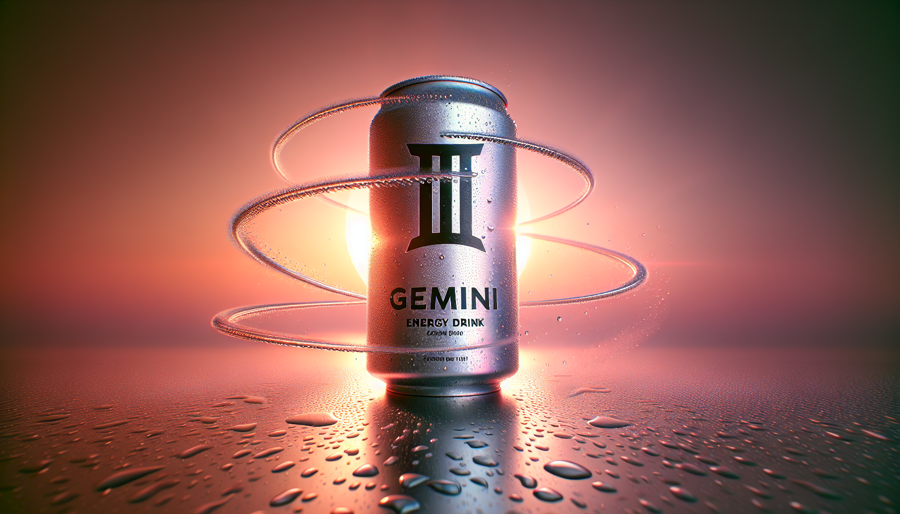 Imagine an eye-catching commercial photograph that captures the bold spirit of an energy drink in motion. At the center of the frame, a sleek aluminum can labeled "GEMINI", with large roman numerals "II" — floats weightlessly in mid-air, as if defying gravity itself. Its surface is covered in dense, glistening droplets of condensation, making it look ice-cold and incredibly refreshing, like it was just pulled from a deep freeze. The background is a smooth, vibrant [gradient pink-orange] gradient that radiates energy and contrast, setting a bold tone while keeping the focus firmly on the product. Around the can, multiple [twisting fruit mist trails] are suspended in dynamic motion — refracting light, adding movement, and creating a sense of immersion like a moment frozen in time. Carefully crafted [sunset backlight with haze] enhances every curve and texture of the metallic surface, casting soft reflections and shadow play that make the entire scene feel cinematic and full of depth. This wide angle-format shot is designed to stand out on digital platforms, blending high-end aesthetics with a sense of cool, refreshing intensity.