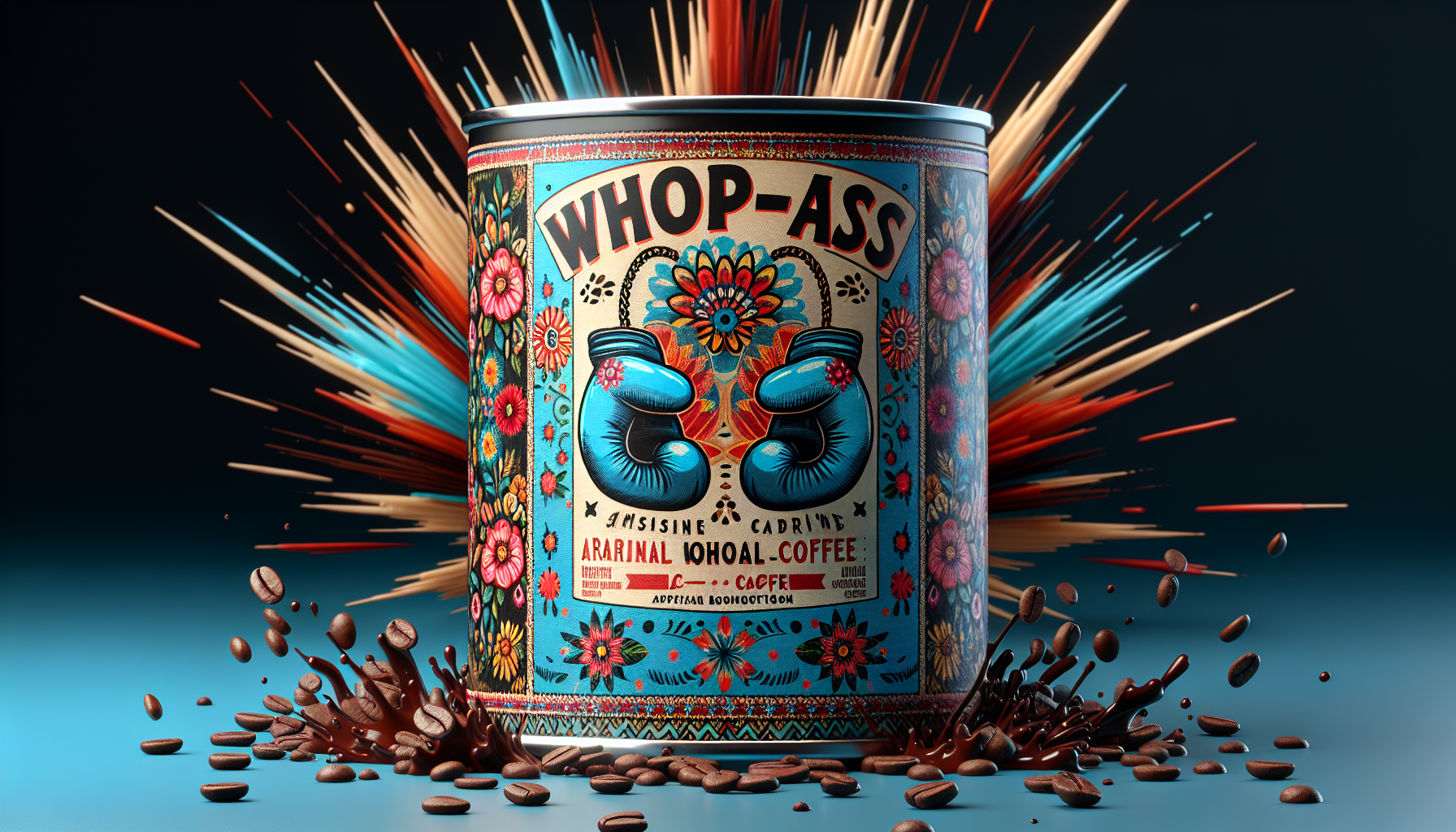 A beautifully designed, artisanal boho-style coffee can adorned with a vintage label that reads "WHOOP-ASS". The hyperrealistic can features a vibrant and eye-catching design with a mix of floral patterns and tribal elements. The label also includes a playful illustration of boxing-gloves, symbolizing qualities of determination and resilience. The background features a bold and provocative exploding image that symbolizing what a kick up the butt feels like. The overall vibe of the can is carefree, energetic, and full of life, perfect for kickstarting your day with a burst of caffeinated enthusiasm.