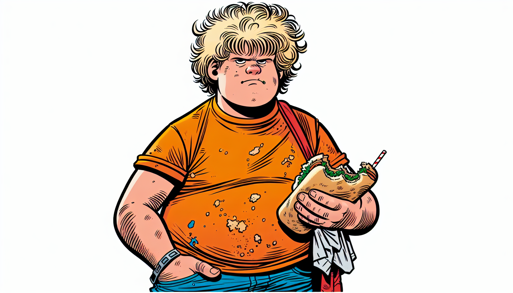 Dans un style de bande dessinée comique franco-belge, un adolescent, taille moyenne, gros, sale, blond, cheveux rasés sur les côtés et frisé sur le dessus, il porte un t-shirtorange avec des taches, un jean et des basket et il à un sandwich à la main