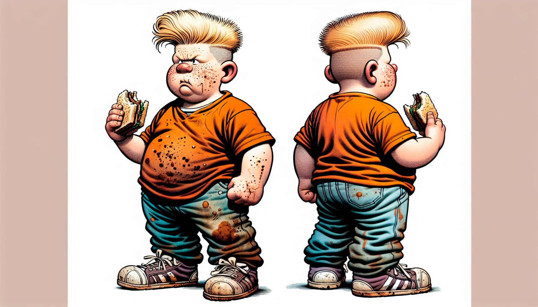 A chubby, dirty teenage boy in the style of a Franco-Belgian comic strip like Gaston Lagaffe. He has blond hair, shaved on the sides and curly on top. He’s wearing a stained orange t-shirt, jeans, and sneakers. He's standing facing forward, holding a sandwich in one hand."