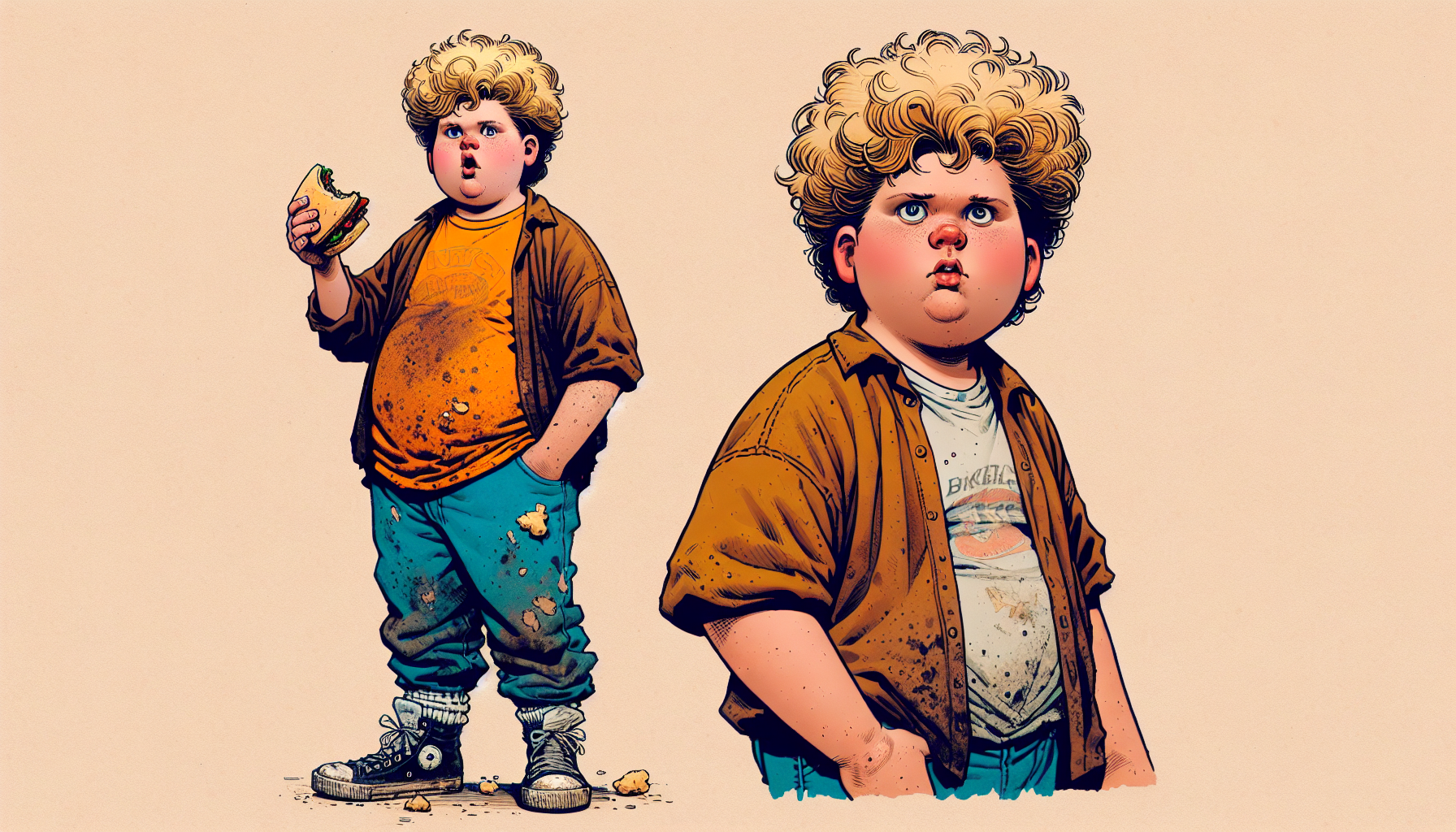 A chubby, messy teenage boy in the style of a Franco-Belgian comic like Gaston Lagaffe. He has blond hair, shaved on the sides with curly hair on top. He's wearing a dirty orange t-shirt with stains, blue jeans, and worn sneakers. He's standing facing forward, holding a sandwich in one hand, with a goofy or blank expression