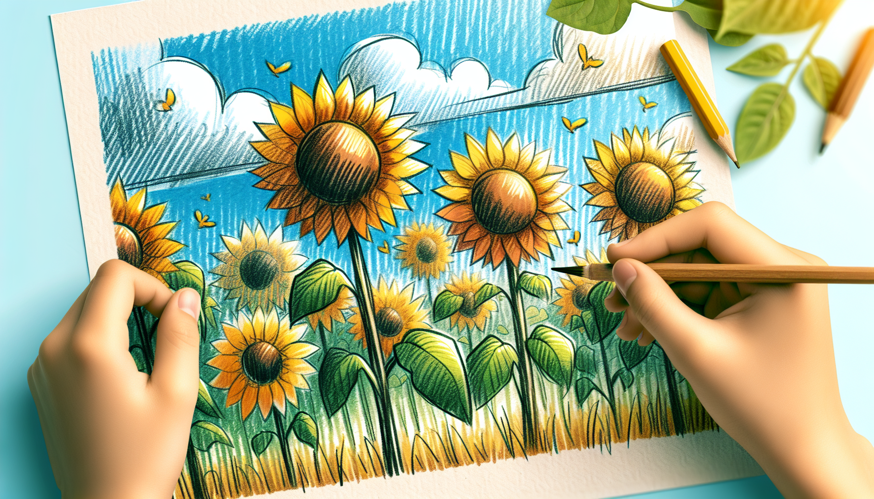 Childs drawing of a sunflower field
