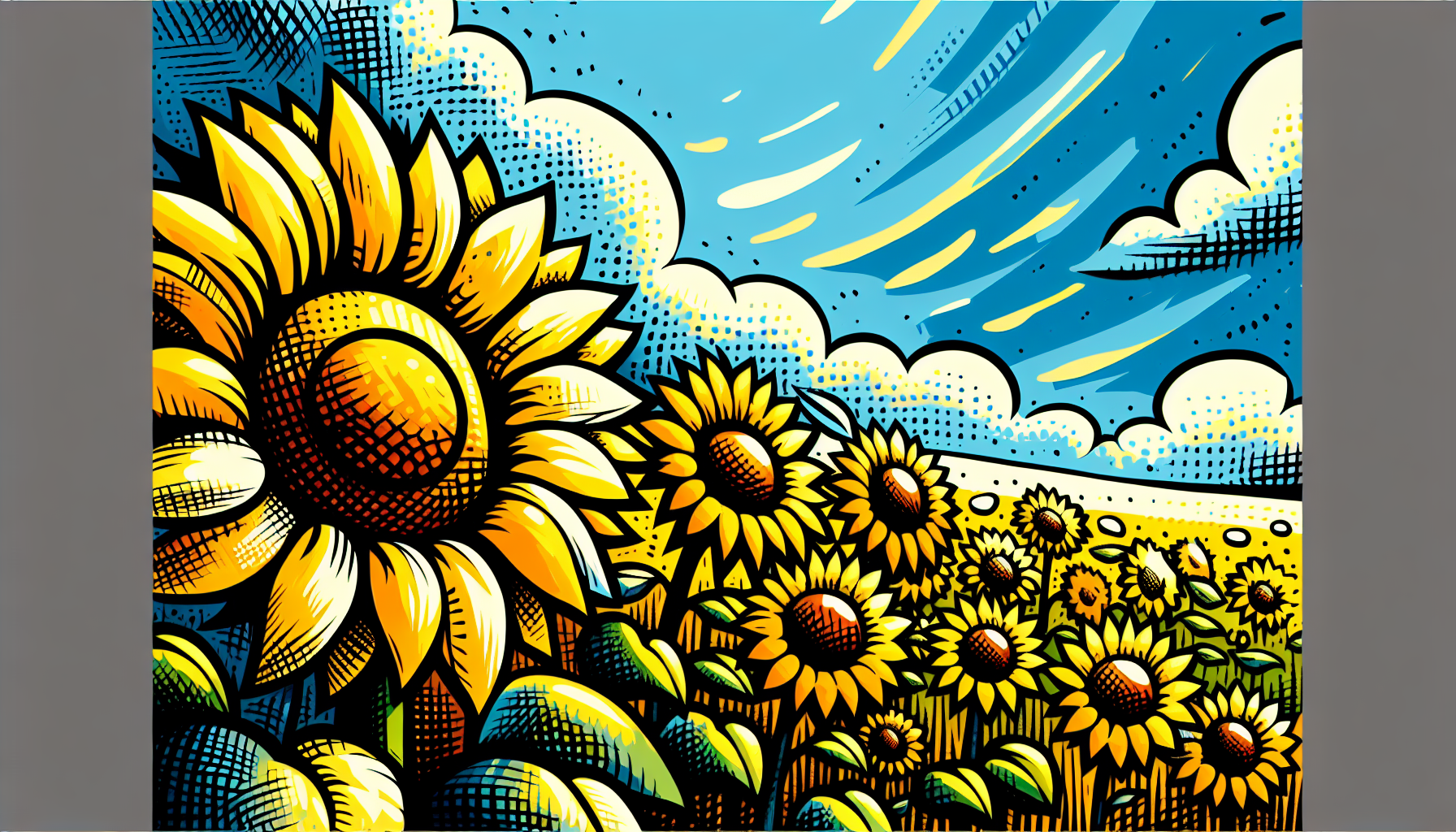 Childs drawing of a sunflower field
