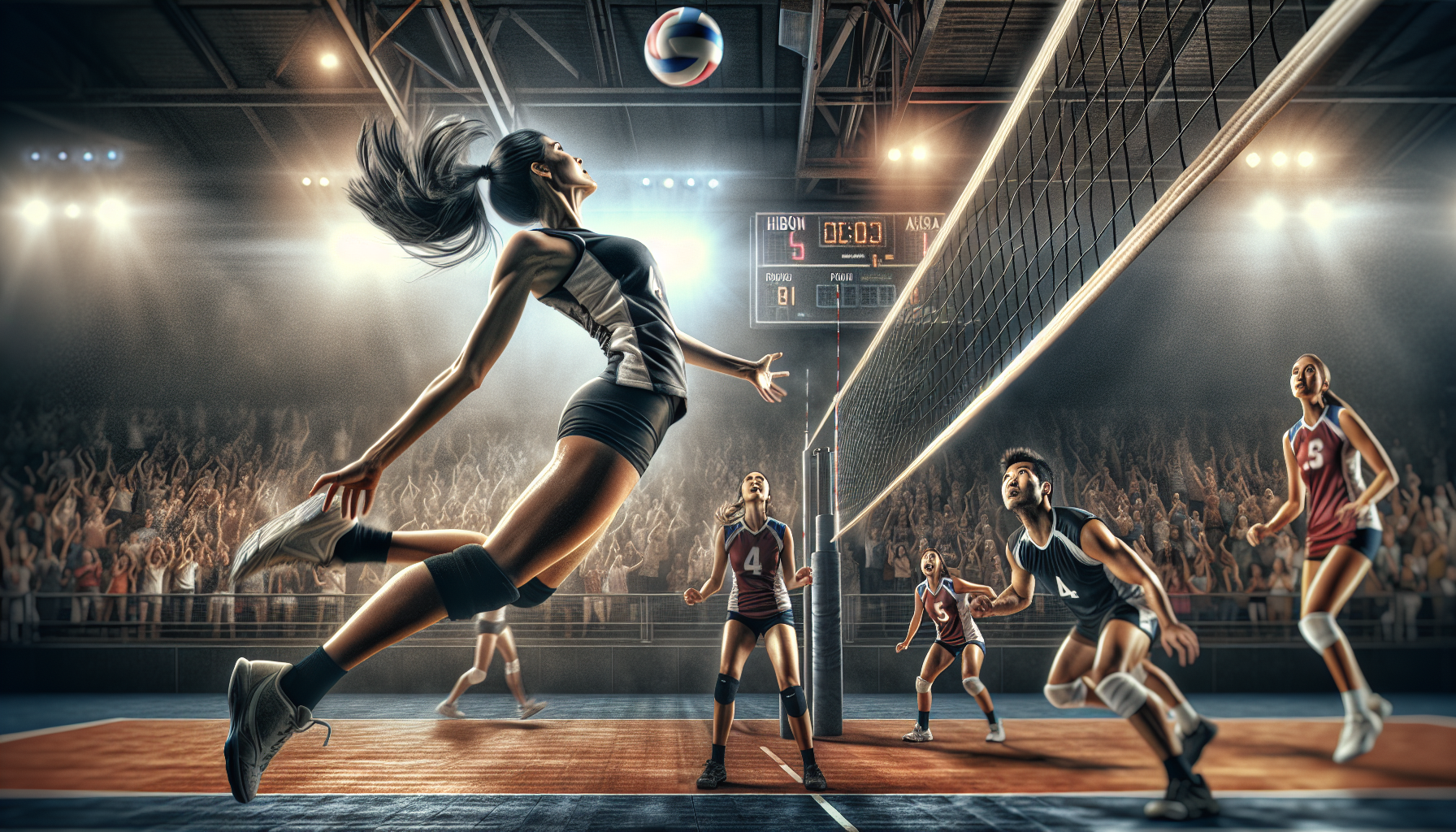 A dramatic, low-angle action shot of a female volleyball player at the peak of her jump, her body arched powerfully like an eagle with wings spread, about to slam the ball for the championship-winning point. Below her, the setter has just completed a difficult, athletic set from a low position, her eyes following the ball with a mix of intense focus and exhaustion.

The scene is a packed, roaring gymnasium with the crowd blurred in the background. The scoreboard is visible, showing the nail-biting final score. On the other side of the net, the opposing players are captured in a moment of desperate defense, knowing they are about to lose. The lighting is dramatic and cinematic, casting sharp shadows and highlighting the sweat and raw determination on the players' faces, capturing the explosive energy of the final moment.