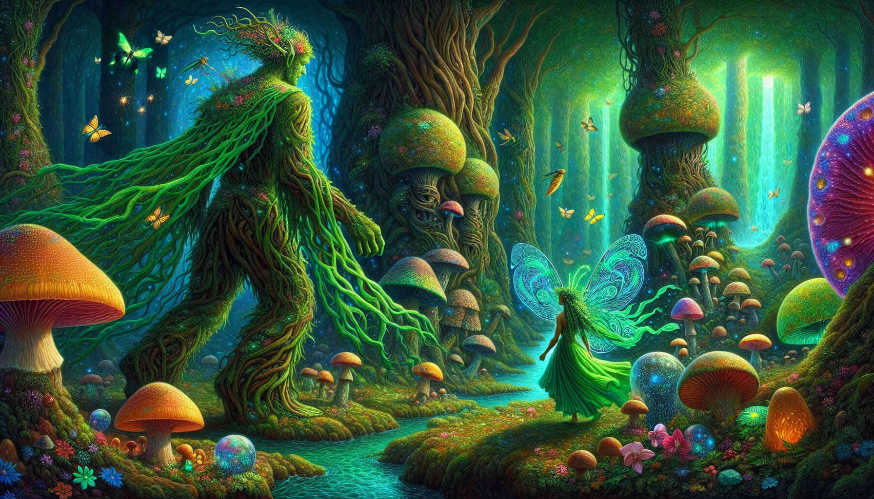 In a surreal forest where everything vibrates in hues of emerald, jade, and electric greens, a gentle giant advances with steps that make luminous ferns bloom beneath his feet. He wears a cape made of living moss that ripples like liquid, and a tunic of shimmering tree bark. At his side, a majestic fairy floats with iridescent wings that project prisms of aqua-green light onto the giant mushrooms. Her dress is woven with bioluminescent orchid petals, and fireflies sparkle in her hair like living jewels. The duo advance toward a colossal tree whose roots form a liquid portal, where glass fish swim in the air around its bark. The environment pulses with magic: flowers whisper melodies, stones float gently, and the nearby river flows upward in perfect spirals, filling the air with rainbow mist. The giant's every step causes magical herbs to sprout, while the fairy scatters seeds that instantly germinate into star-shaped blossoms.