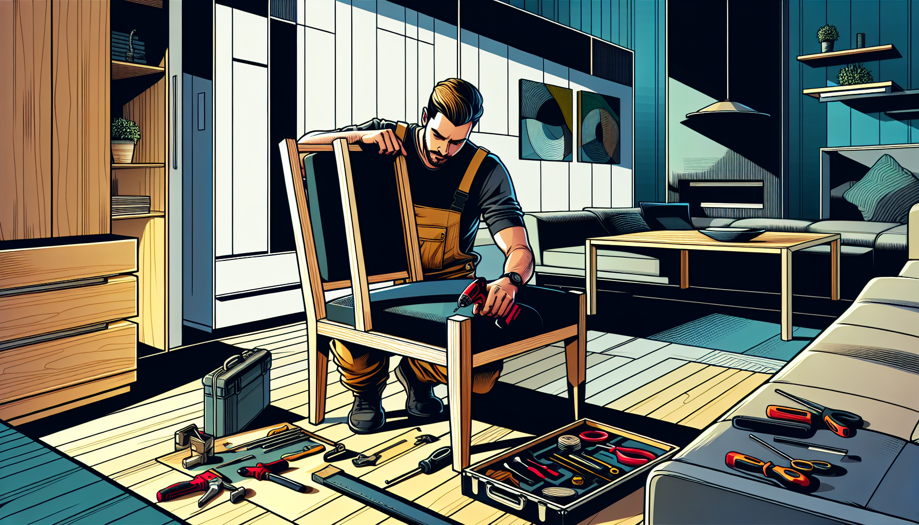 El reparador de muebles en una casa moderna, trabajando en el salón