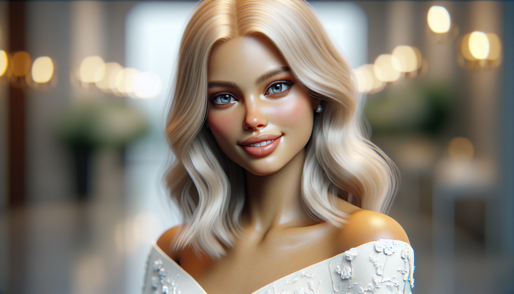 “Hyper-realistic portrait of a beautiful young blonde woman, soft-glam makeup, smooth skin, wearing a white off-shoulder top, flirty smile, looking into the camera, natural lighting, Instagram influencer style, ultra-detailed photography, shallow depth of field”