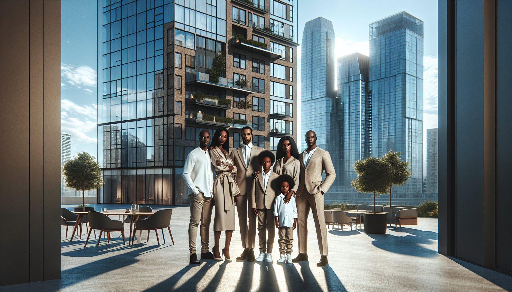 Hyper-realistic 8K image of a proud Black family standing together outside a tall modern apartment building with reflective glass, urban skyline behind them, clean minimalist architecture, dressed in coordinated neutral-toned outfits, sunlight casting crisp shadows

