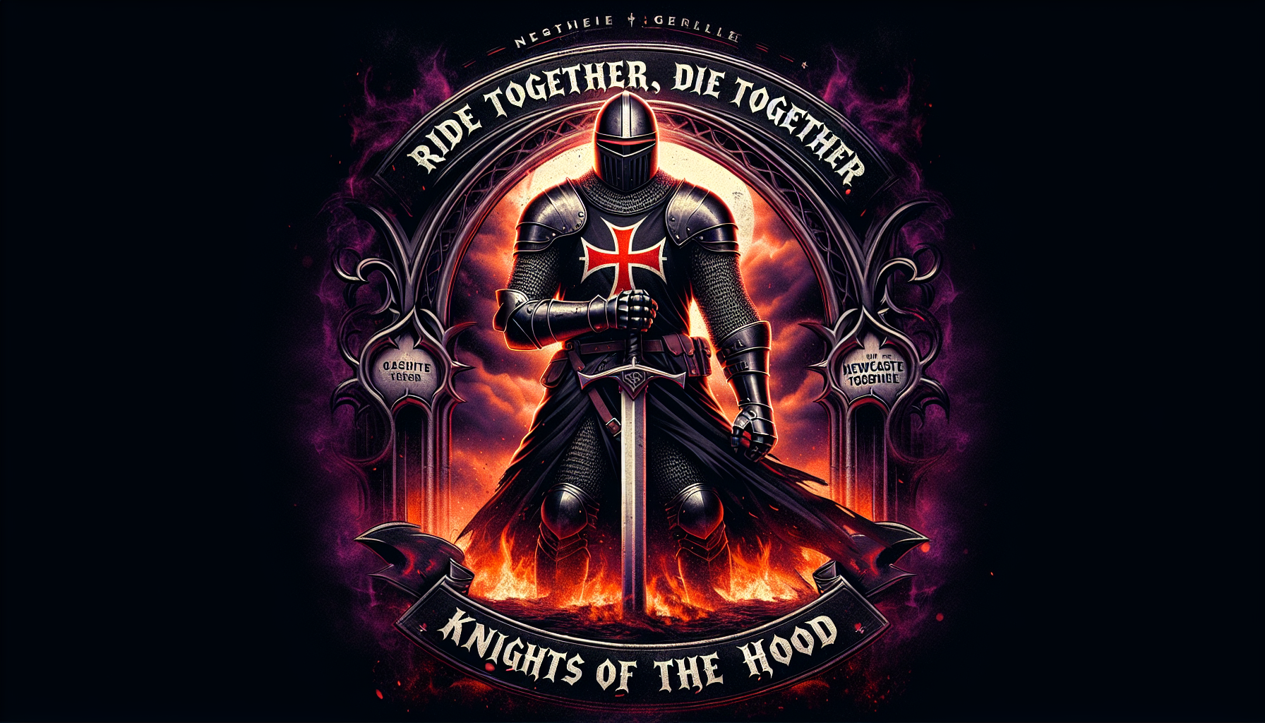 A dark, powerful, medieval-themed t-shirt design featuring a knight in blackened armor with a glowing red cross on the chest. The knight is standing heroically with a large broadsword. The background is a raging fire. The text "RIDE TOGETHER, DIE TOGETHER" is arched above the knight. Below the knight, centered, the text "KNIGHTS OF THE HOOD" is written. Beneath the second line, slightly smaller, the text "NEWCASTLE" is written. The overall design has a fierce, brotherhood-driven, battle-ready tone with a gritty, cinematic finish.
Hyperrealistic, intricately detailed, color depth, dramatic, Epic cinematic brilliant stunning intricate meticulously detailed dramatic atmospheric maximalist digital matte painting, a masterpiece, 8k resolution, dynamic lighting, hyperdetailed, intricately detailed, deep color, Unreal Engine, volumetric lighting, purple and yellow complementary colours 