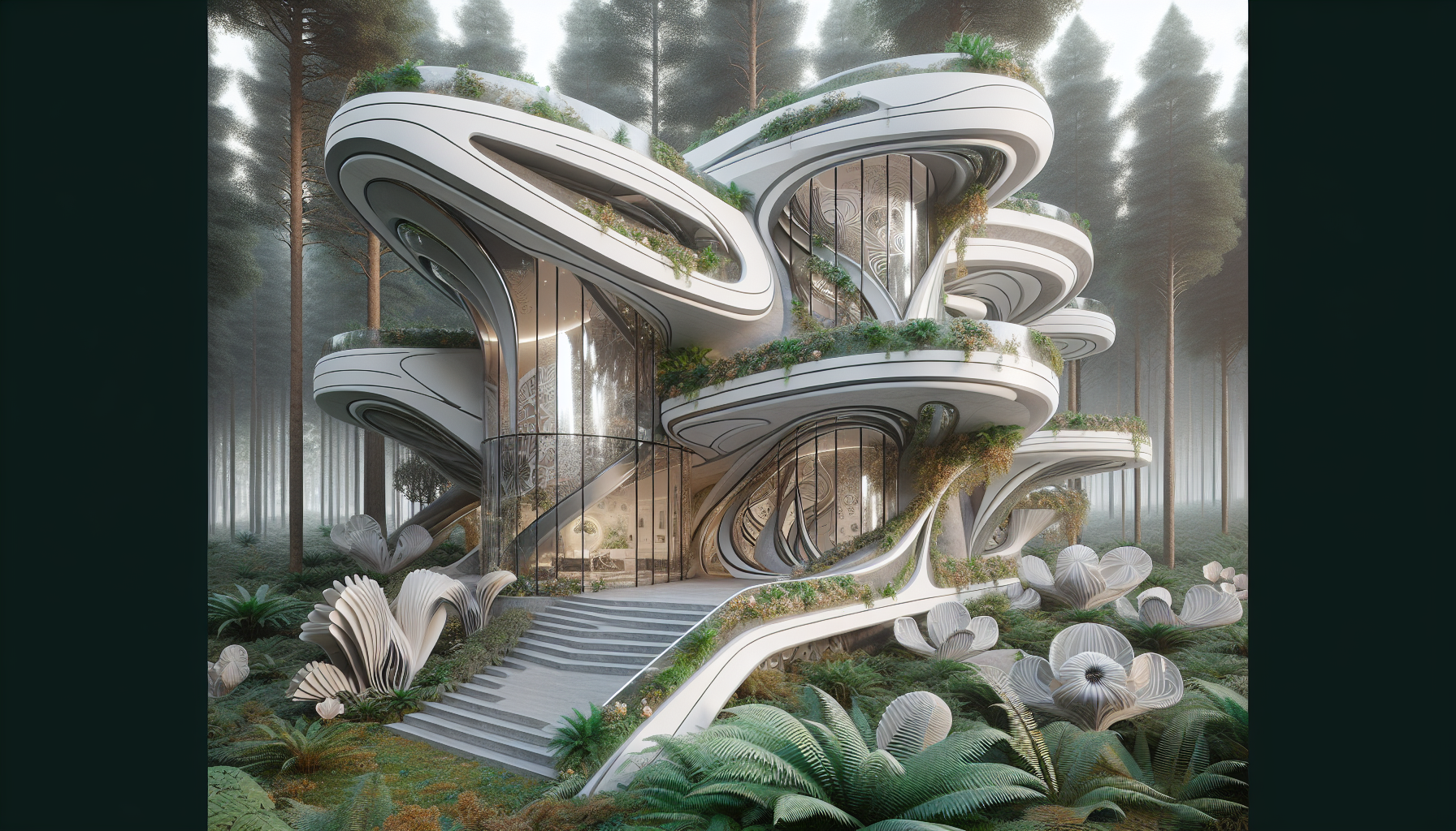 „Futuristische Art‑Nouveau‑Villa im Wald, mit geschwungenen organischen Linien, floralen Ornamenten und großflächigem Glas, metallischen Highlights und elegantem weißem Beton, eingebettet in dichten Farn‑ und Baumunterwuchs, weiche Lichtstimmung, Neo‑Jugendstil trifft Bio‑High‑Tech, Fotorealismus“