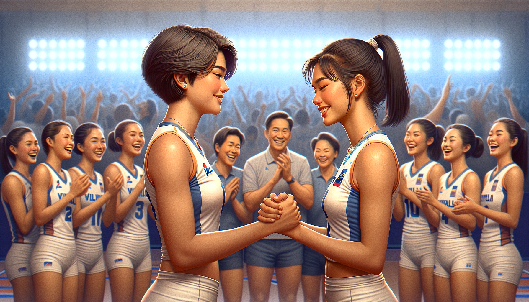 A realistic portrait shot capturing the winning moment of a college volleyball team of Asian Filipina girls. Central to the image are two girls: one with a feminine boyish haircut, beautiful mestiza Filipina features shaking hands with a Chinese Filipina girl in a ponytail, who has a beautiful face and a smile that can melt someone's heart. In the background, joyous crowd cheering for the winning team and the rest of the players hugging, celebrating their victory.
