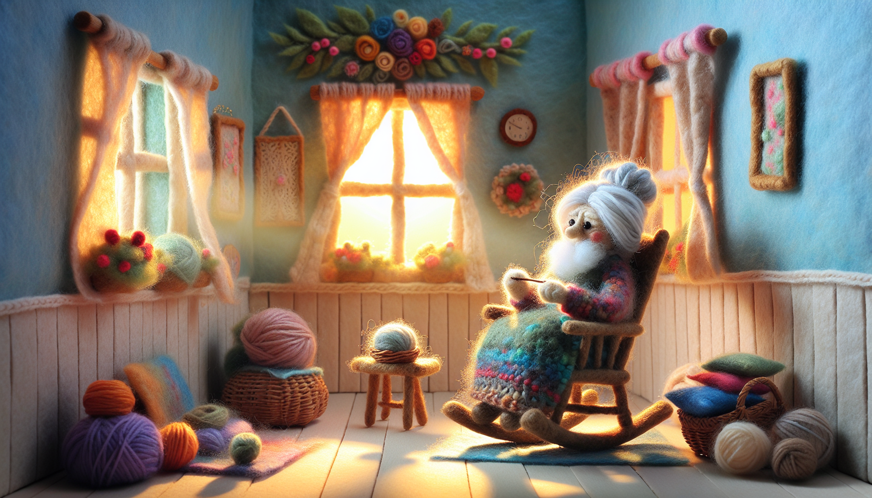 A charming and cozy scene in which an old woman, made entirely of soft, colorful felt, sits in a felt rocking chair, knitting with thick yarn. The old woman has gray felt hair, tiny glasses, and a serene expression. The entire setting is made of felt: the house looks like a dollhouse, with pastel-hued felt walls, windows, and furniture, thoughtful details like curtains, rugs, and cushions, and a warm, homey atmosphere. Soft light streams in through a felt window, illuminating the scene with a cozy, magical glow.
