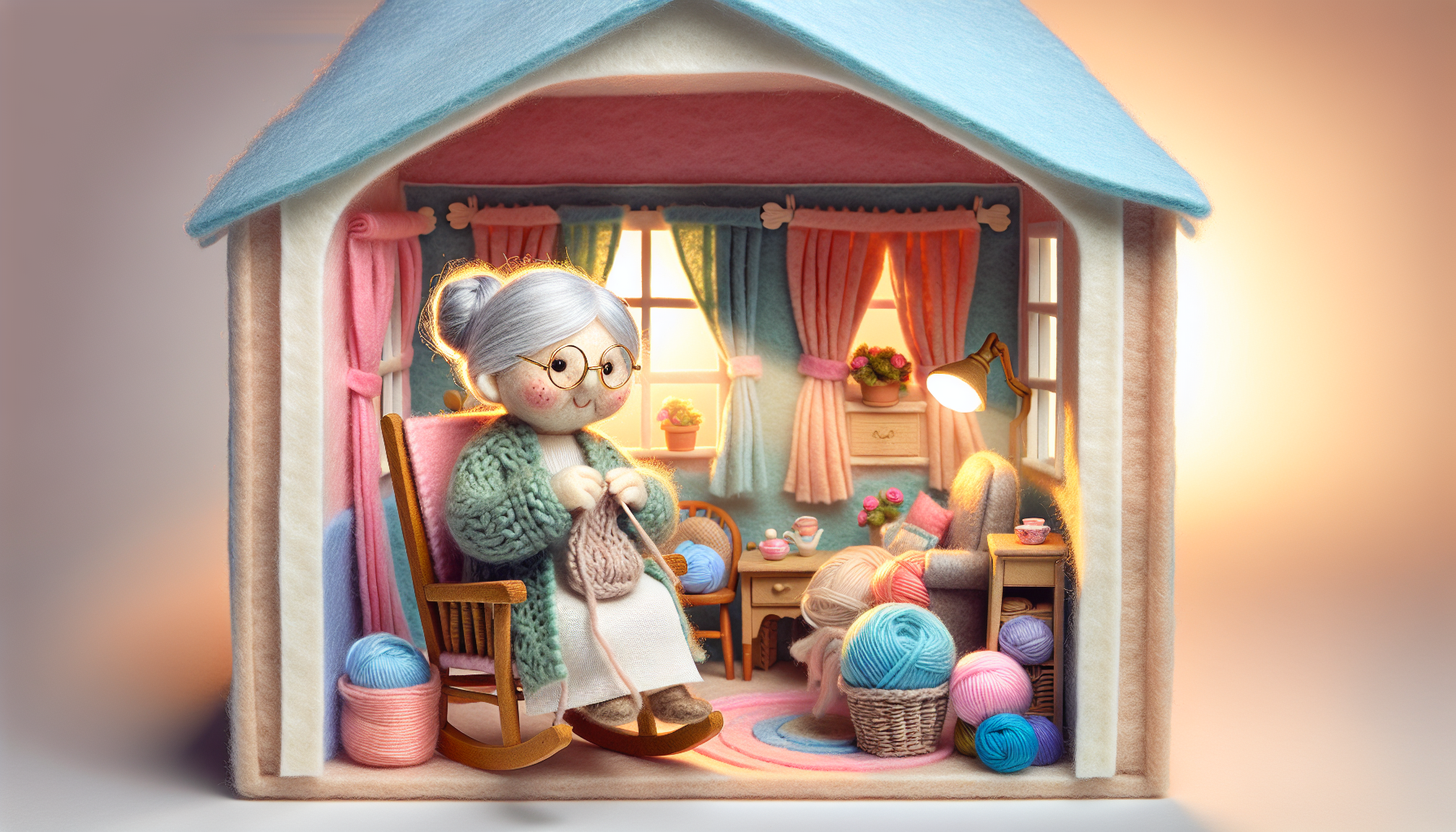 A charming and cozy scene in which an old woman, made entirely of soft, colorful felt, sits in a felt rocking chair, knitting with thick yarn. The old woman has gray felt hair, tiny glasses, and a serene expression. The entire setting is made of felt: the house looks like a dollhouse, with pastel-hued felt walls, windows, and furniture, thoughtful details like curtains, rugs, and cushions, and a warm, homey atmosphere. Soft light streams in through a felt window, illuminating the scene with a cozy, magical glow.