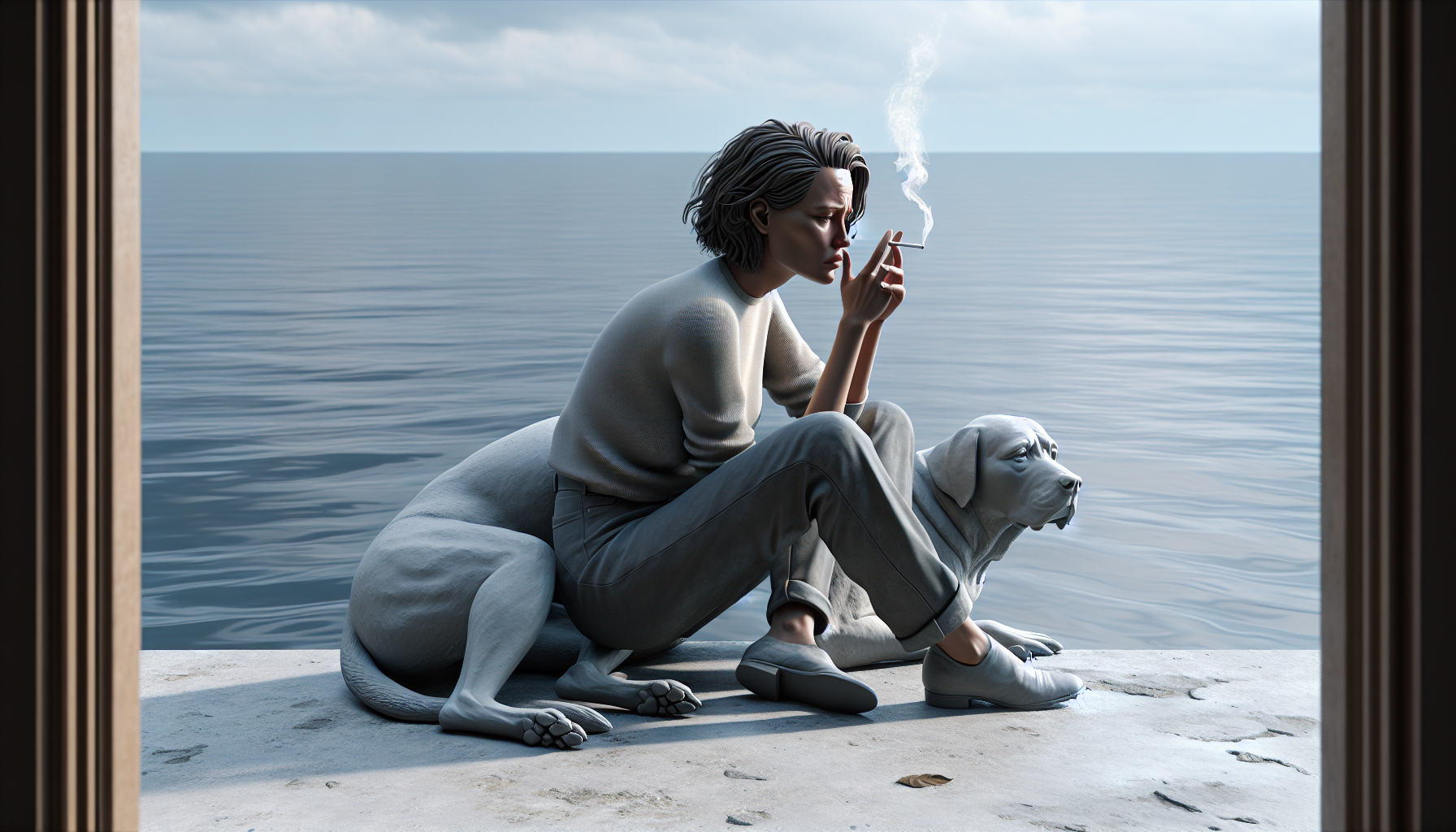 une femme assis avec son chien au bord de la mer en train de fumer avec une aire super triste 