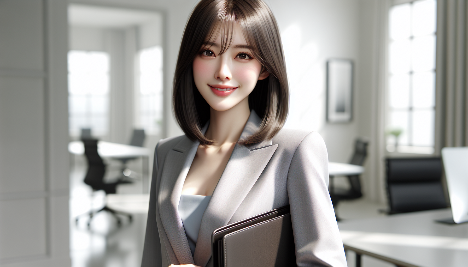 “A beautiful young Asian woman with delicate features, smooth straight dark hair with soft waves and light bangs, wearing a light gray tailored business suit with a minimalistic office background. She has a gentle, shy smile with natural makeup: subtle pink blush, soft lips. She holds a slim black portfolio folder, her pose is modest and elegant, bright daylight coming through windows, clean and modern atmosphere, soft focus, high detail, photorealistic style.”
