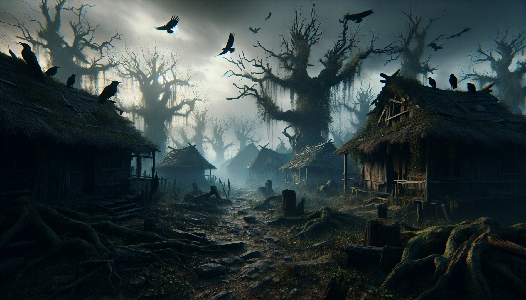3D horror style, abandoned haunted village in the middle of a dense jungle, foggy atmosphere, broken huts with moss, twisted trees, crows flying in the sky, dark cloudy sky, early evening lighting, realistic textures"
