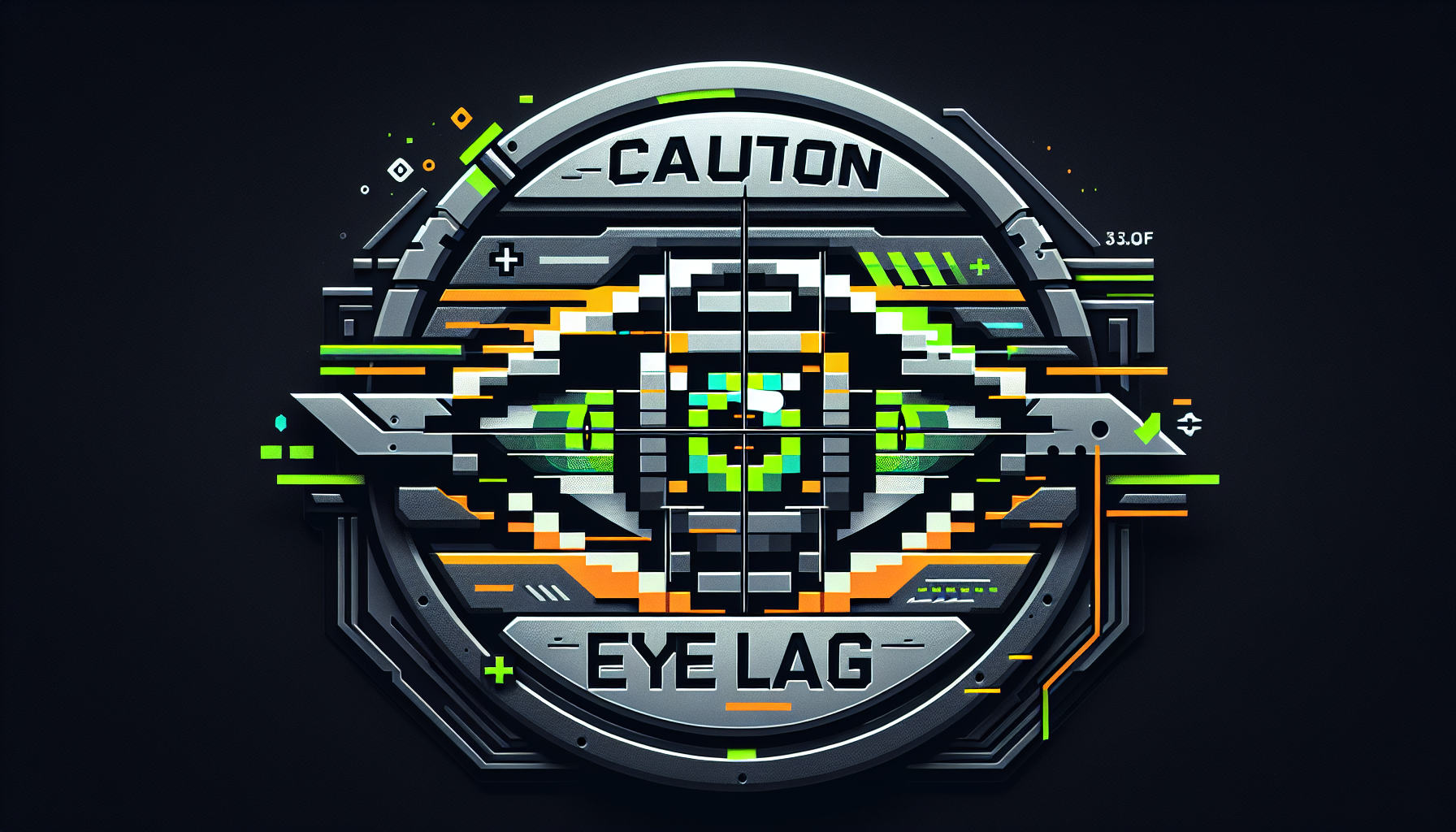 A bold, modern Twitch gaming logo for the username 'Caution Eye Lag,' featuring a stylized warning sign with a pixelated, glitched eye at the center. The design should blend retro arcade elements with futuristic FPS aesthetics, using a gunmetal gray base, neon green highlights, and electric orange accents. The eye should have a subtle CRT scanline or glitch distortion effect, symbolizing sudden chaos or lag. The logo should be compact and circular or badge-shaped, clean and high-contrast, with sharp lines and minimal detail so it works well at small sizes. Incorporate subtle nods to first-person shooters, such as crosshair elements or digital HUD overlays. The vibe should feel calm but unpredictable — like a tactical gamer who can erupt into chaos at any moment.