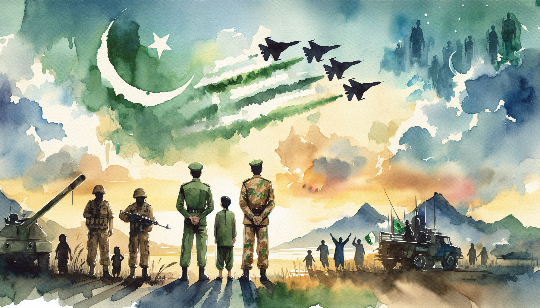 A soft, expressive watercolor painting. In the center, a Pakistan Army soldier and a Pakistan Air Force soldier stand together proudly, in full uniform, facing the horizon. Above them, three JF-17 Thunder jets soar across the sky in formation, trailing green and white smoke. The background is a watercolor wash of light blue sky blending into golden sunset hues, with abstract mountains and desert terrain inspired by Waziristan. A faint, semi-transparent crescent and star appear in the sky as a symbolic overlay. In the background, silhouettes of tribal people and children wave accurate Pakistan flags (green with white crescent and star). Gentle, harmonious colors: greens, khaki, sky blues, burnt orange, and soft greys.