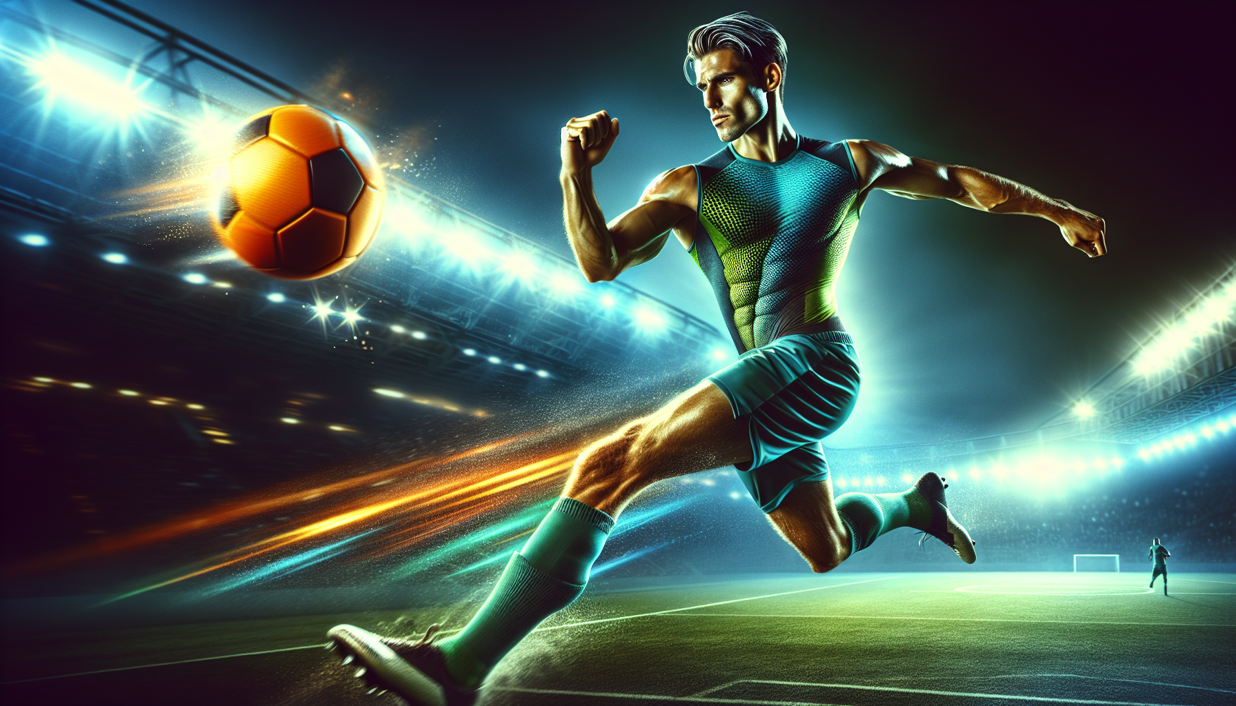 A hyperrealistic action sports poster photograph showcasing a male soccer player executing a powerful kick. He's captured mid-stride, clad in a vibrant teal team uniform with neon-lime accents, showcasing a fit physique with beads of sweat glistening under intense side and ring lighting that casts dramatic shadows, highlighting his determined focus and the force of his impact. The blurred background reveals a dimly lit stadium, and a vibrant orange soccer ball streaks forward, frozen in motion, creating a sense of explosive energy, all rendered in 16K resolution with rich color depth and HDR. The dynamic composition, complete with a subtle lens flare, emphasizes the athleticism and precision of the moment, invoking the intensity of a fast-paced game.