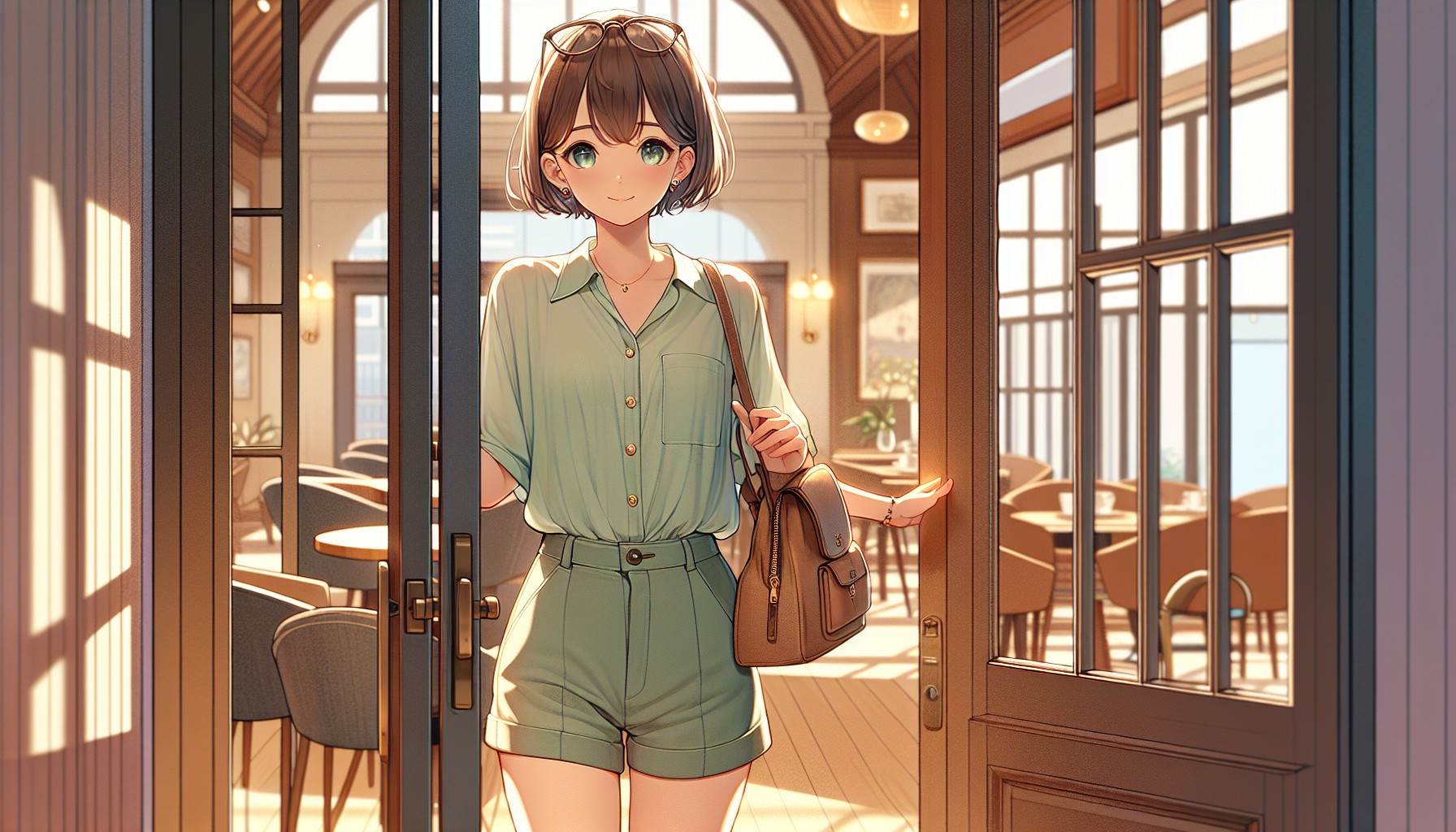 A warm, stylish anime-style illustration with a soft slice-of-life feeling.  
A Japanese woman in her late 20s, short hair with long bangs, wearing glasses, with an hourglass figure (B90 W60 H88, height 159cm), and a warm spring type appearance.  
She is entering a modern Tokyo cafe in Marunouchi around noon in early July, opening the door into a softly lit semi-private room.  
She wears a mint green band-collar blouse with short sleeves and beige high-waisted tuck shorts, paired with nude-colored open-toe sandals.  
Her accessories are subtle gold jewelry (earrings and bracelet), and she carries a small warm-toned mini backpack.  
Sunlight streams in from behind her as she steps into the room, giving a gentle backlight that highlights her outline and softens the scene.  
Her expression is calm but slightly shy, making eye contact with someone waiting inside—first meeting, slightly polite but warm.  
The setting is modern, elegant, and relaxed, with wood tones and natural textures in the background.