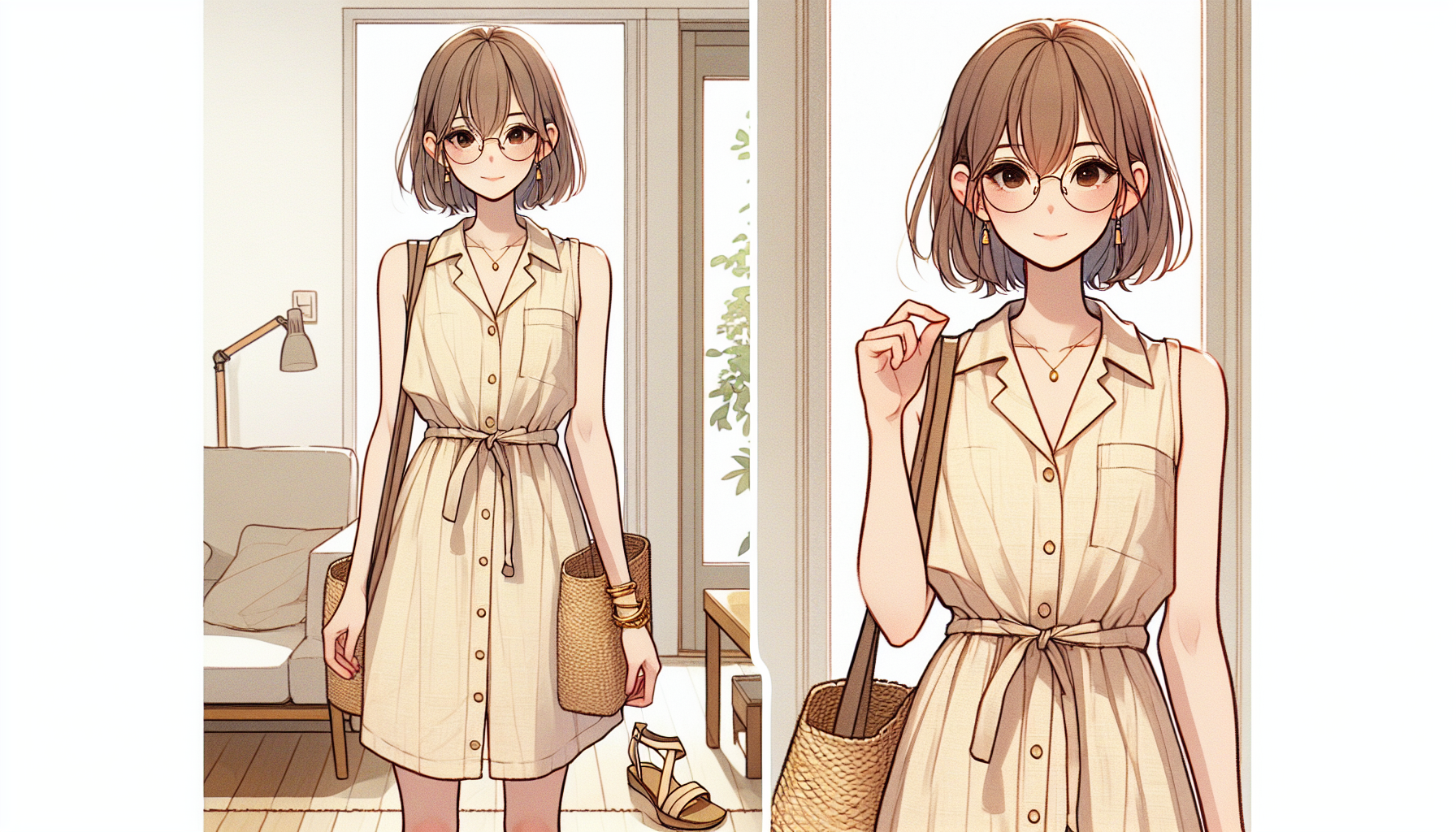 A warm, stylish anime-style illustration with a light slice-of-life atmosphere.  
A Japanese woman in her late 20s with a healthy and feminine figure, short hair with long bangs, and wearing glasses.  
She is dressed for a summer outing: wearing a sleeveless shirt dress made of light linen fabric, with a belt around the waist. The dress is a soft beige or dusty pink color, knee to midi length.  
She carries a small woven or leather crossbody bag and wears beige or gold strappy sandals.  
Her accessories include subtle gold jewelry (earrings and a bracelet).  
She is inside a clean, cozy modern apartment, preparing to go out.  
Her posture is relaxed and natural—standing by the entrance, adjusting her sandal strap, or checking her bag, with a soft, cheerful expression.  
The lighting is bright and natural, suggesting a sunny morning or early afternoon.

SFW, tasteful, no NSFW, no text