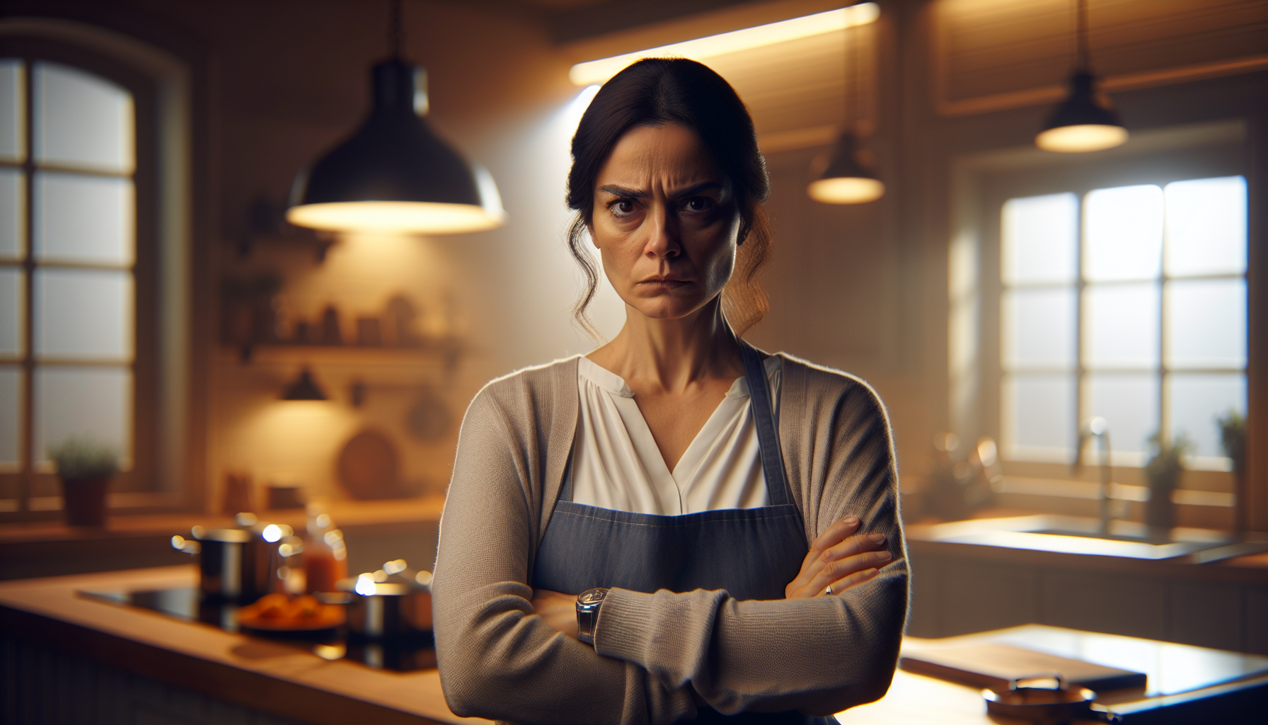 a serious Turkish mother standing in a bright kitchen, crossing her arms, upset expression, realistic, cinematic lighting