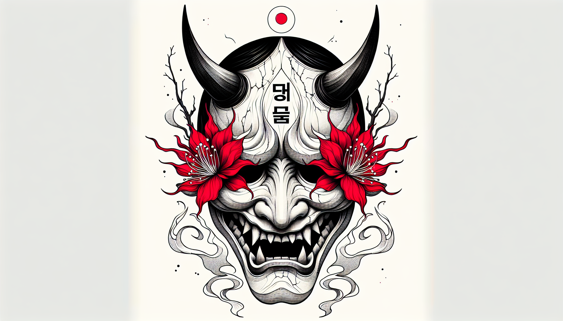 Tatouage style manhwa — Masque d’Oni avec lycoris en yeux + « destiné » (운명)

Masque d’Oni
	•	Ligne claire, précise, traits angulaires et dynamiques typiques du manhwa.
	•	Expression féroce mais élégante : sourcils froncés, dents visibles sans excès, équilibre entre menace et beauté.
	•	Ombrages en hachures et points stylisés, apportant relief et profondeur graphique sans réalisme.

Les yeux — Lycoris rouge vif
	•	Chaque œil est remplacé par une fleur de lycoris stylisée manhwa.
	•	Pétales longs, fins, tortueux, presque comme des flammes vives.
	•	Les tiges s’étendent légèrement vers l’extérieur, apportant une dynamique au regard, comme si le masque « brûlait » de l’intérieur.
	•	Contraste fort : rouge vif contre noir et blanc du masque.

Détails additionnels
	•	Volutes de fumée ou d’ombres mouvantes autour du masque, renforçant l’aspect mystique.
	•	Éclats et craquelures sur le masque pour une patine ancienne, usée par les combats.
	•	En arrière-plan ou en bordure, un cercle fin ou un motif mandala asiatique pour structurer la composition.

Composition et placement
	•	Compact et vertical, idéal pour dos de la main, poignet, ou partie haute de la main.
	•	Rouge lycoris seule couleur, reste en noir et blanc contrasté.

Ajout du mot « destiné » en hangul
	•	Le mot 운명 (Unmyeong, signifiant « destiné ») peut être placé :
	•	Sous le masque, en petit mais lisible, avec une calligraphie fluide et élégante style manhwa.
	•	Ou intégré dans le cercle/motif mandala en arrière-plan, en semi-cercle ou verticalement, pour un rendu harmonieux et discret.
	•	Style du lettrage : lignes fines, légèrement angulaires pour correspondre au style du masque, avec un petit dégradé noir/gris.