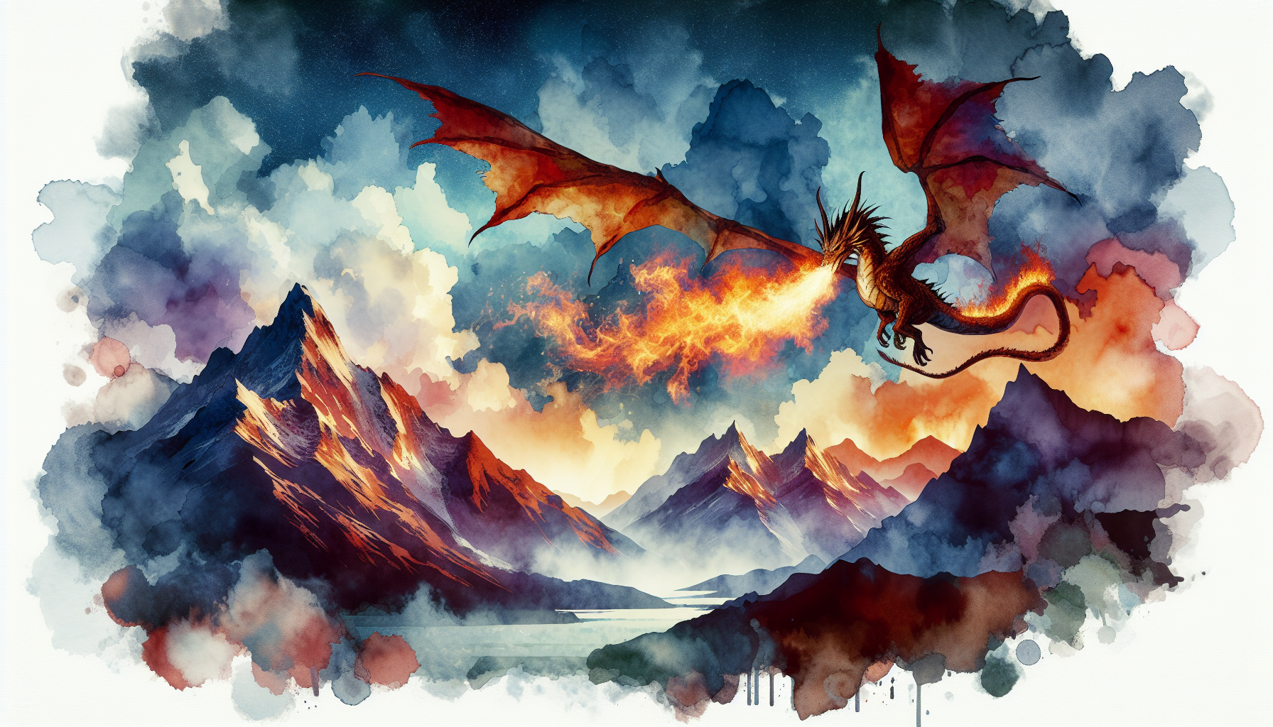 fire dragon flying over landscape mountains
