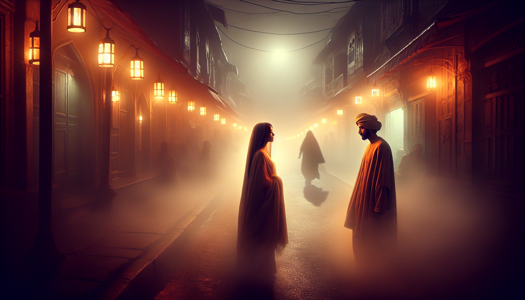 highly detailed digital painting of a man and a woman crossing paths on a quiet misty street at night, glowing street lamps casting long shadows, soft haze in the air, their eyes briefly meeting, warm vintage tones, poetic and cinematic composition, 9:16 aspect ratio
