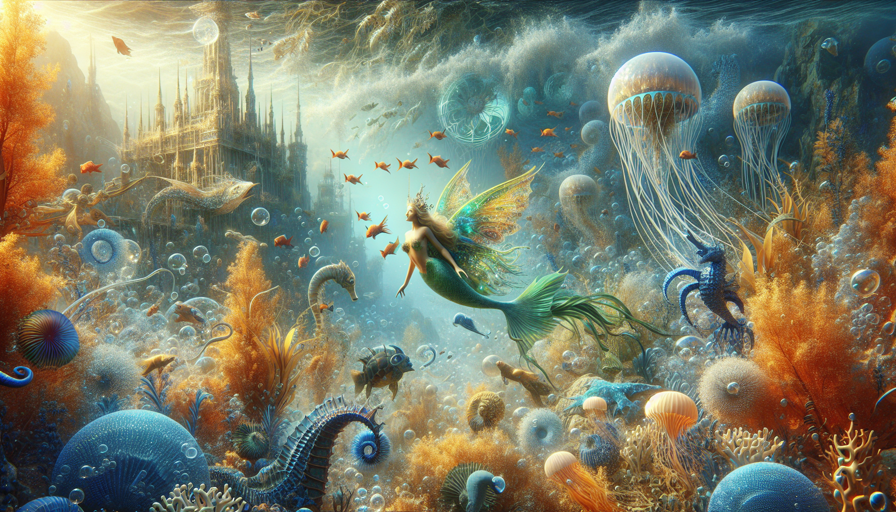 mythical atlantis, angel fish, seahorse, golden coral, mermaid, seaweed, jellyfish,