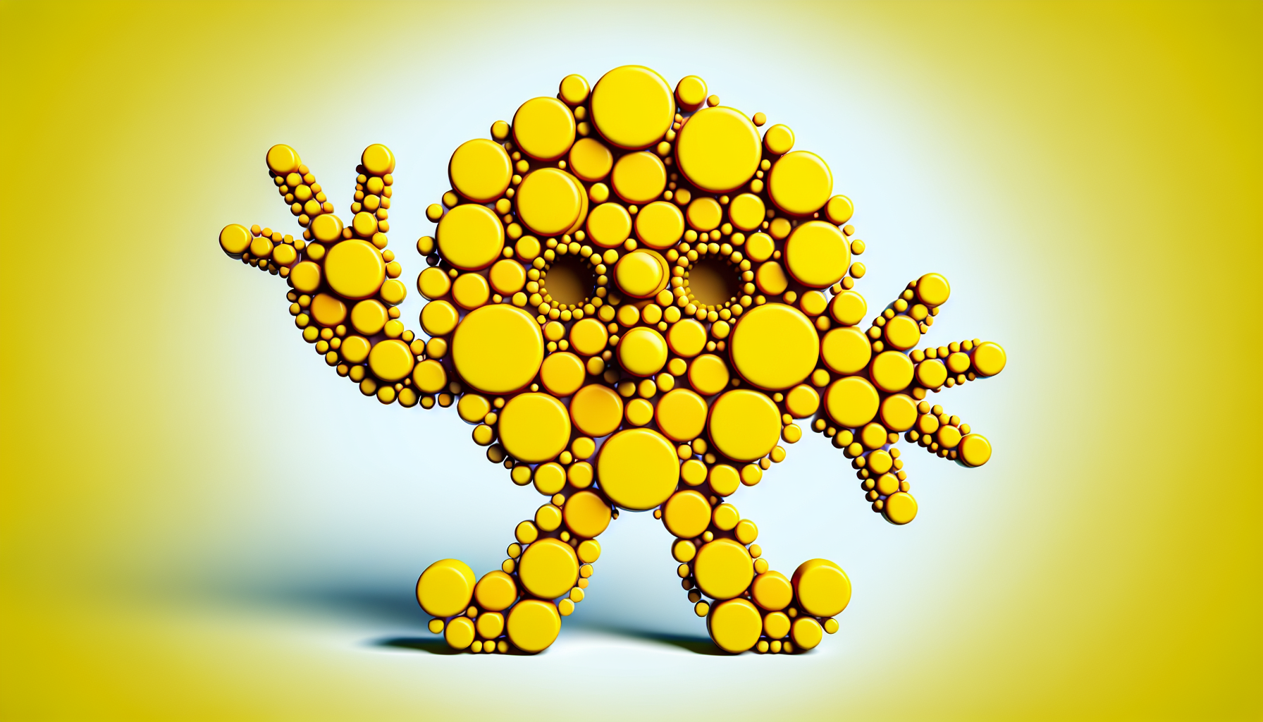 Can you create a character made of circles, coor yellow, a big circle face with circle hands and circle feet, with simple eyes, animates 2d