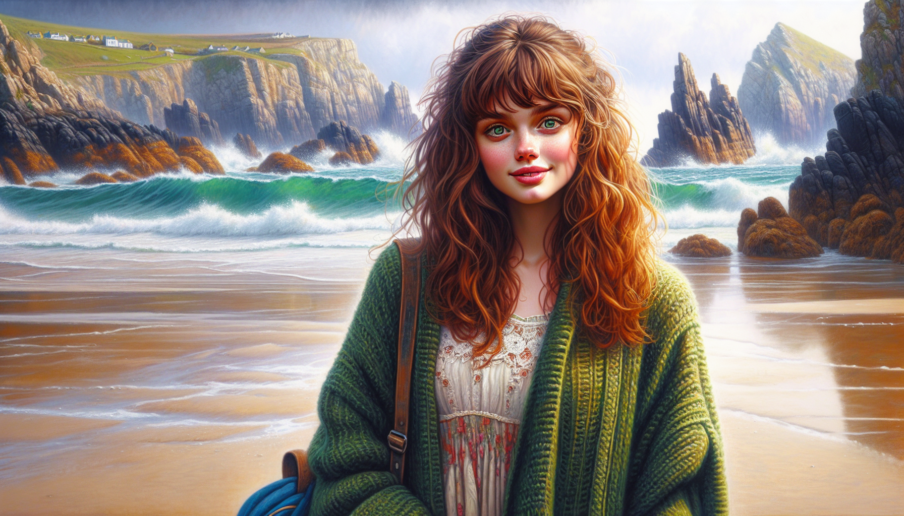 a fourteen-year-old girl with long curly auburn hair and a thick fringe. She has large green eyes, wears an oversized green cardigan and carries a small blue rucksack over one shoulder. She is standing in a northern Cornish bay surrounded by rocks and crashing waves. she has a slight smile and an engaging expression. 