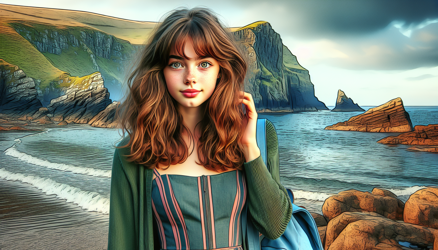 A fourteen-year-old girl with long curly auburn hair and a thick fringe. She has large green eyes, wears a modern summer dress and a green cardigan, and carries a small blue rucksack over one shoulder. She is standing in a northern Cornish bay surrounded by high cliffs and rocks and crashing waves. She stares directly at us with a slight smile. She looks intelligent.
