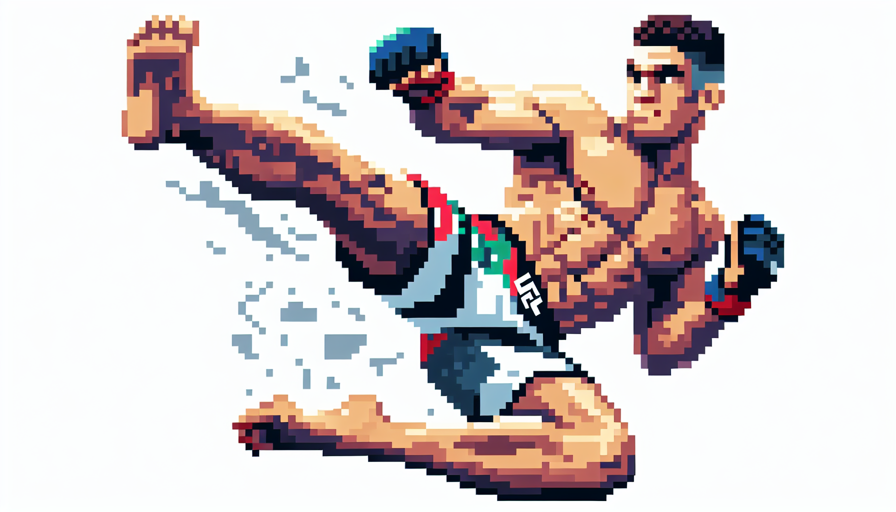 pixelated one cartoon UFC MMA fighter high kicking on a white background 