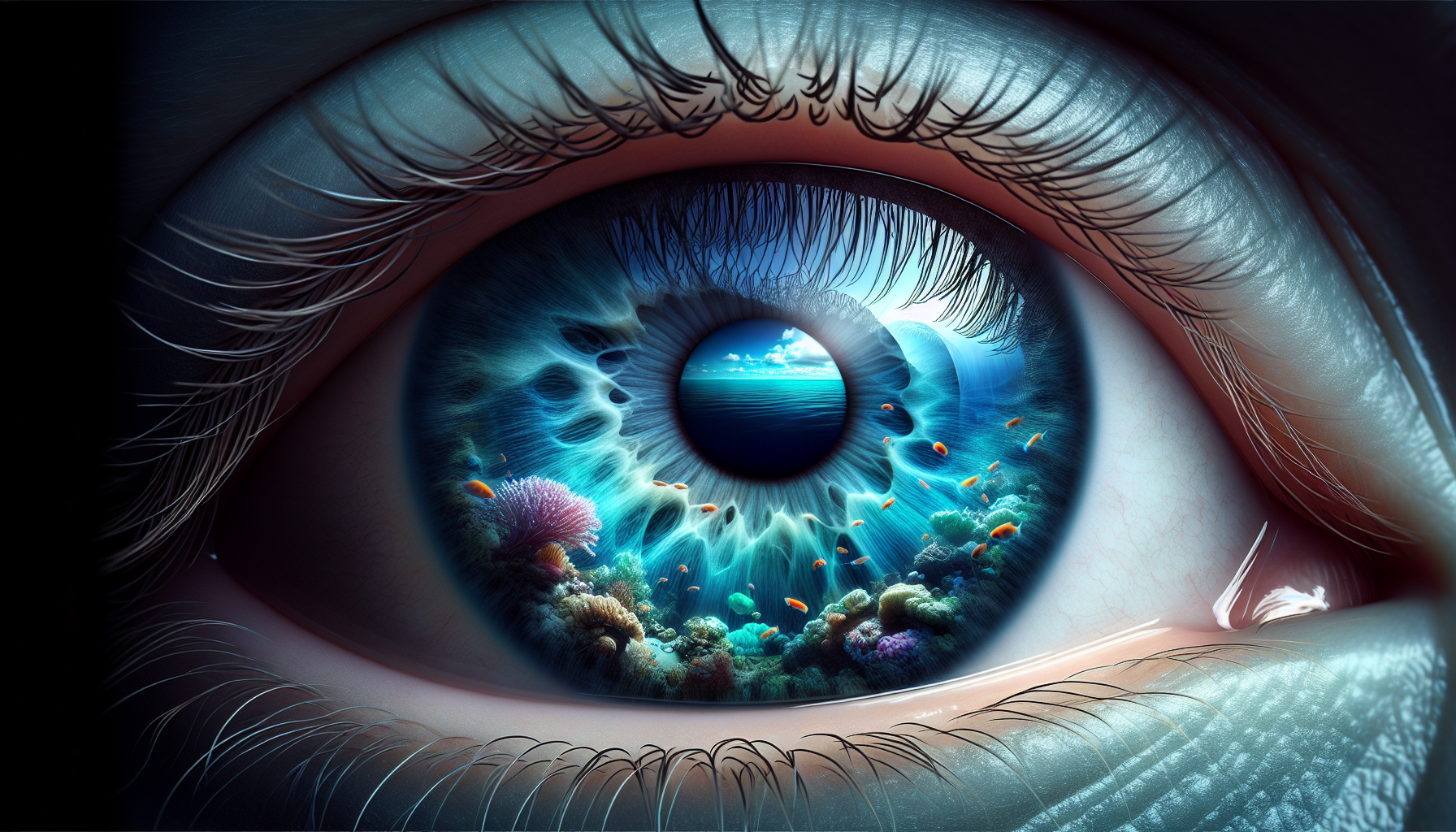 Extreme macro close-up of a human eye, filling entire frame. Iris is stunning vivid-blue, aqua and teal with intricate detail visible - the natural patterns look like galaxies. Perfect catchlight in the eye makes it alive and present. In the pupil's dark reflection, clearly visible: underwater oasis in vast blue ocean. The contrast between the intimate eye and the schools of brightly coloured fish and coral reefs creates visual tension. Photorealistic, shot with macro lens, incredibly sharp focus on iris patterns while eyelashes are softly blurred. Single dramatic side lighting creates depth. Clean, medical-like precision but deeply human. Background pure white or black for maximum contrast. Style: professional portrait meets scientific photography. No makeup, raw human beauty. The eye should feel like it's looking at you while you look into it. Overly saturated colours within the eye-ball. HDR, 64K, Vivid colours, 3D render.