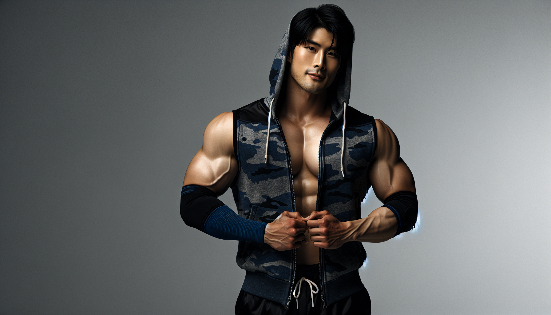A confident East Asian male professional wrestler standing against a plain grey background. He is shirtless under an open, sleeveless hoodie with a blue camouflage pattern. His muscular physique is clearly visible, especially his arms. He has short dark hair and a slight smile. He is wearing black shorts with a white design on the left leg, black knee pads, and dark blue athletic tape wrapped around his forearms. The image conveys strength, athleticism, and charisma. Realistic lighting, full-body view, studio portrait style.
