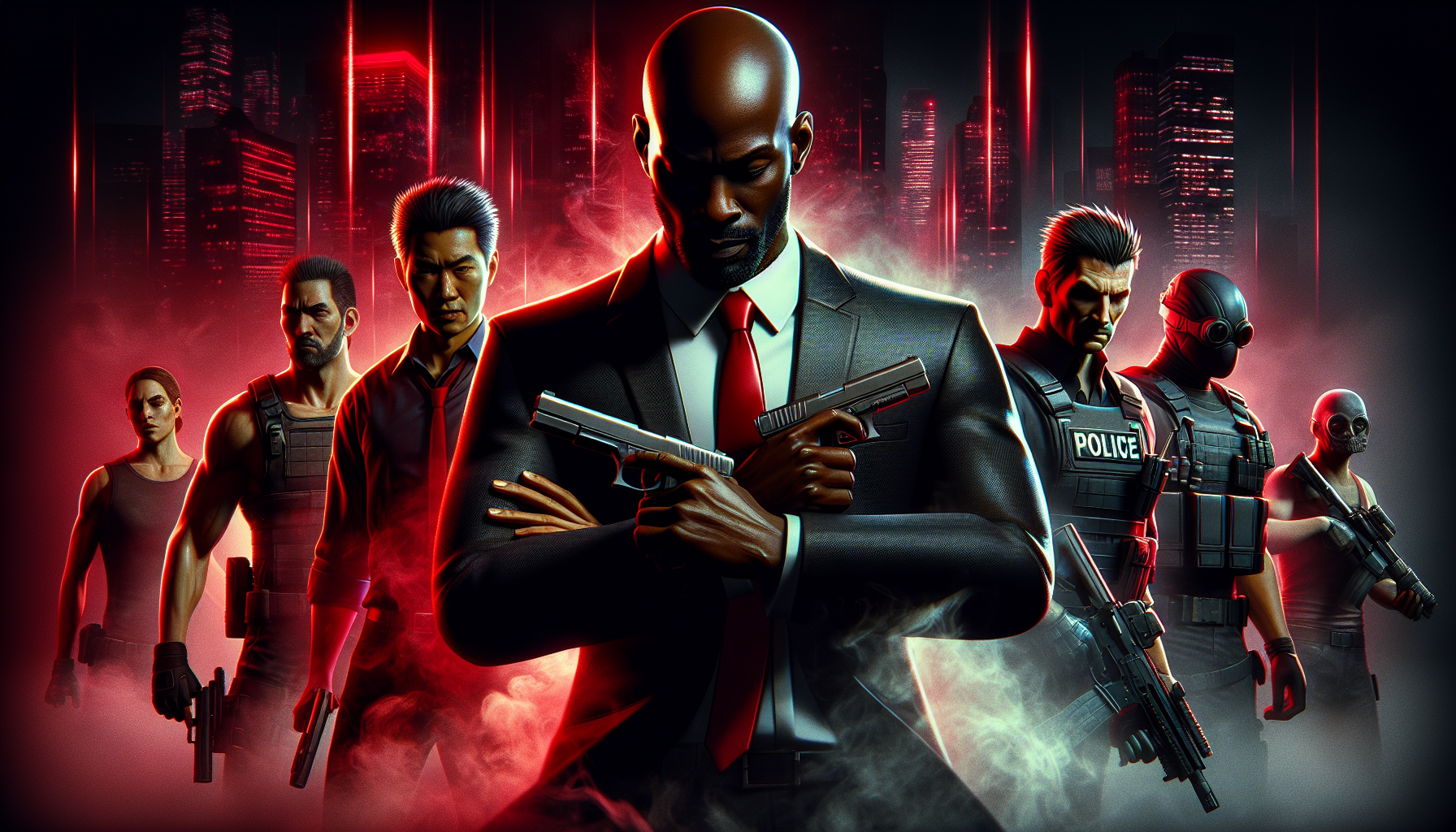 Ultra-realistic cinematic 3D YouTube channel banner, aspect ratio 1024x512, dramatic deep red and black color grading, intense volumetric lighting, glowing highlights, light rays cutting through light smoke, high-budget sci-fi action movie poster style, low-angle hero shot.

Center: bald man in a black suit with a red tie, holding two silenced pistols crossed in front of chest, eyes looking downward, face partially shadowed for mysterious vibe.  
Right side: muscular man in casual street clothes, confident action stance, lit from one side with red rim lighting.  
Left side: blocky pixel-style man with realistic textures, standing confidently.  
Far left: red-and-blue masked superhero crouching dynamically, slight motion blur for action feel.  
Far right: brown-haired man in tactical police outfit holding a pistol in a combat-ready stance, intense red side lighting.

Background: futuristic city skyline at night, glowing red neon lights, subtle fog, cinematic depth-of-field blur, all characters matching in 3D realism, lighting consistency, and shading quality.
