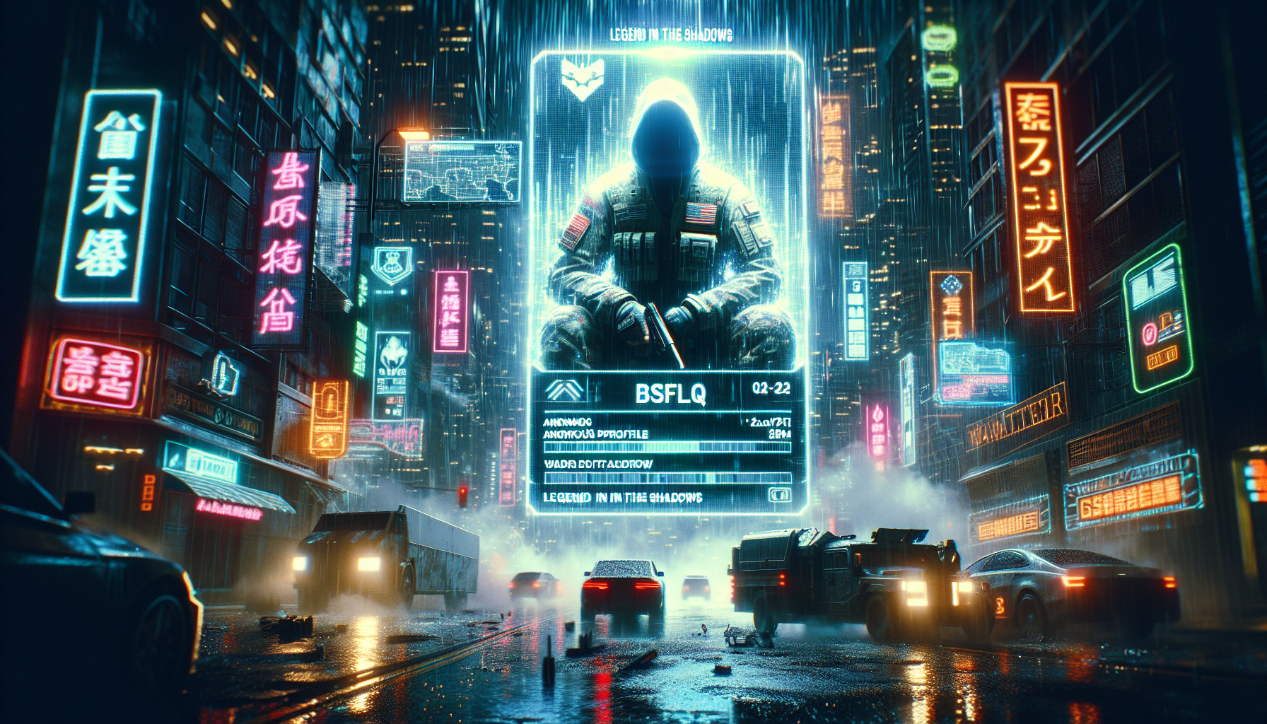 A cinematic cyberpunk digital artwork of a Call of Duty Mobile player profile hologram glowing in a rainy futuristic city. The profile belongs to BSFlq, with all stats clearly visible. A neon sign above the skyscrapers spells “KANYESTO” in bold glowing letters. The in-game character sits confidently on top of the holographic profile card, spotlighted with rain cascading around them. The city skyline is alive with holographic billboards, flying vehicles, and sparks in the wet streets. Smoke, neon reflections, and glitch effects enhance the scene. At the bottom of the holographic profile, the words “Legend in the Shadows” appear in bold graffiti-style lettering, glowing as if spray-painted with neon ink. The whole composition is cinematic, gritty, and atmosphe…