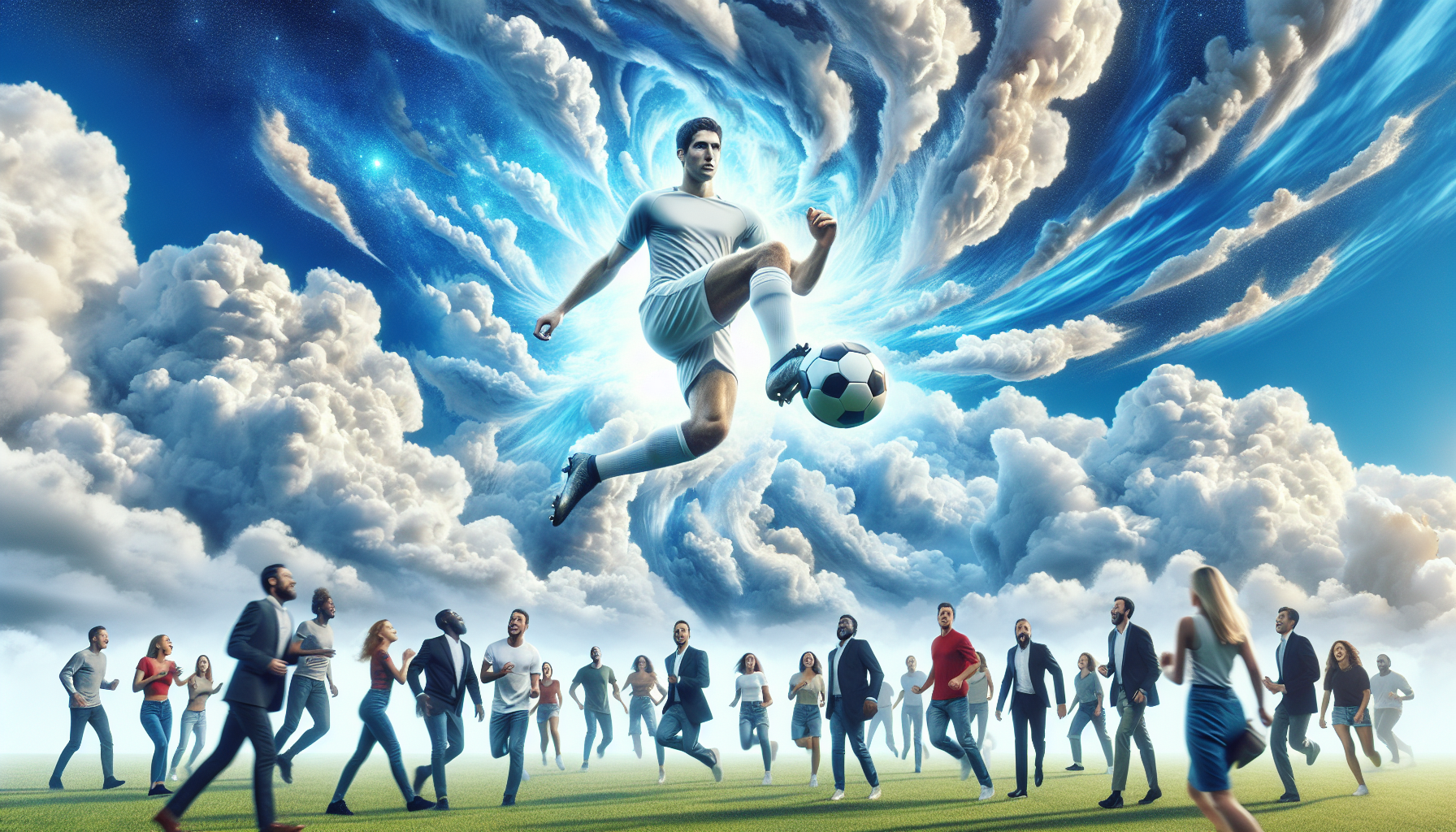 Messi on the sky playing the football with people 