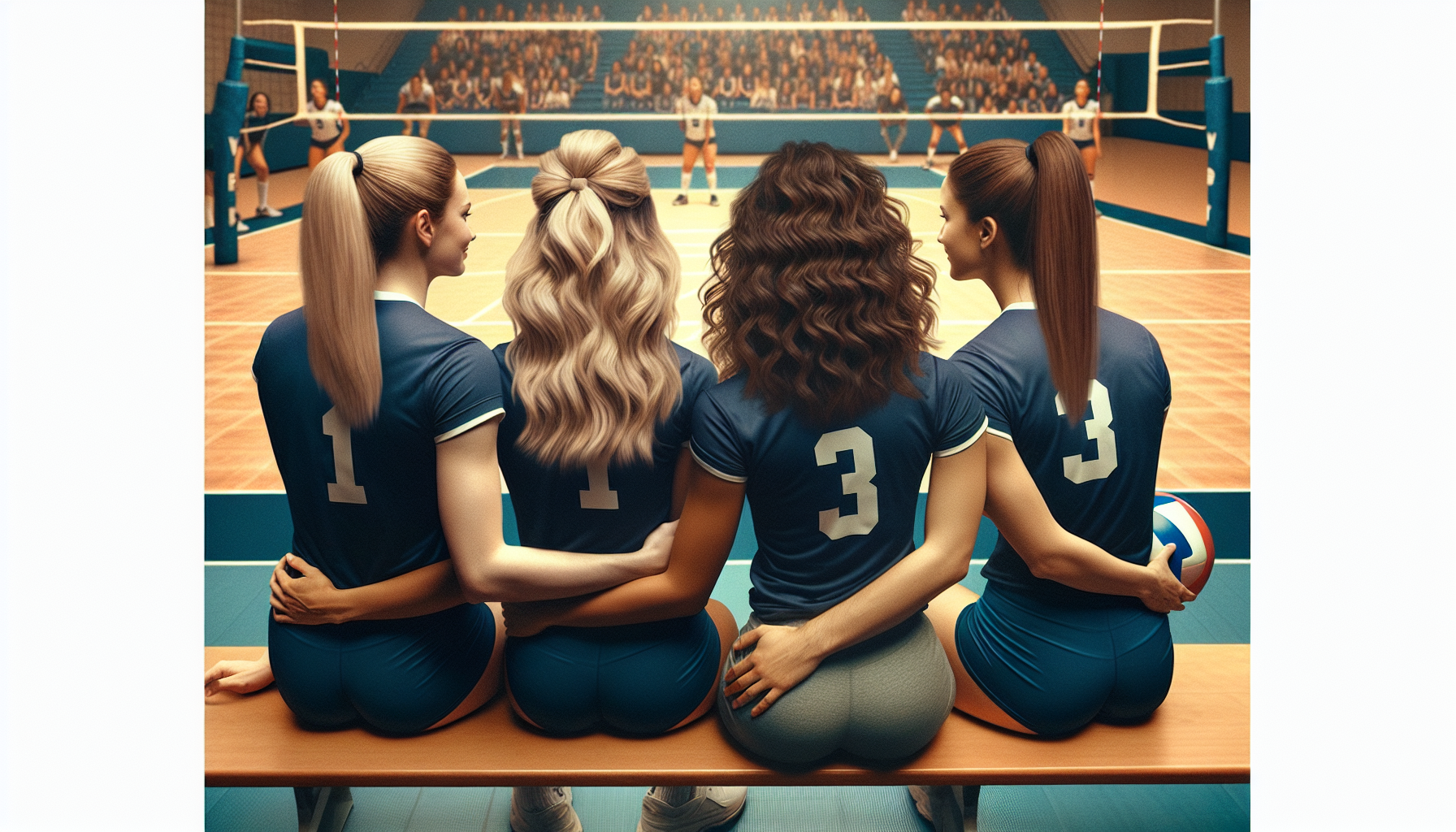Three college volleyball varsity players sitting in the bleachers their backs only were seen. The two girls have long hair in their ponytails while the other girl in their middle has a short wavy hair. The girl in the left was holding the thigh of the short hair. They are watching practice training of volleyball.