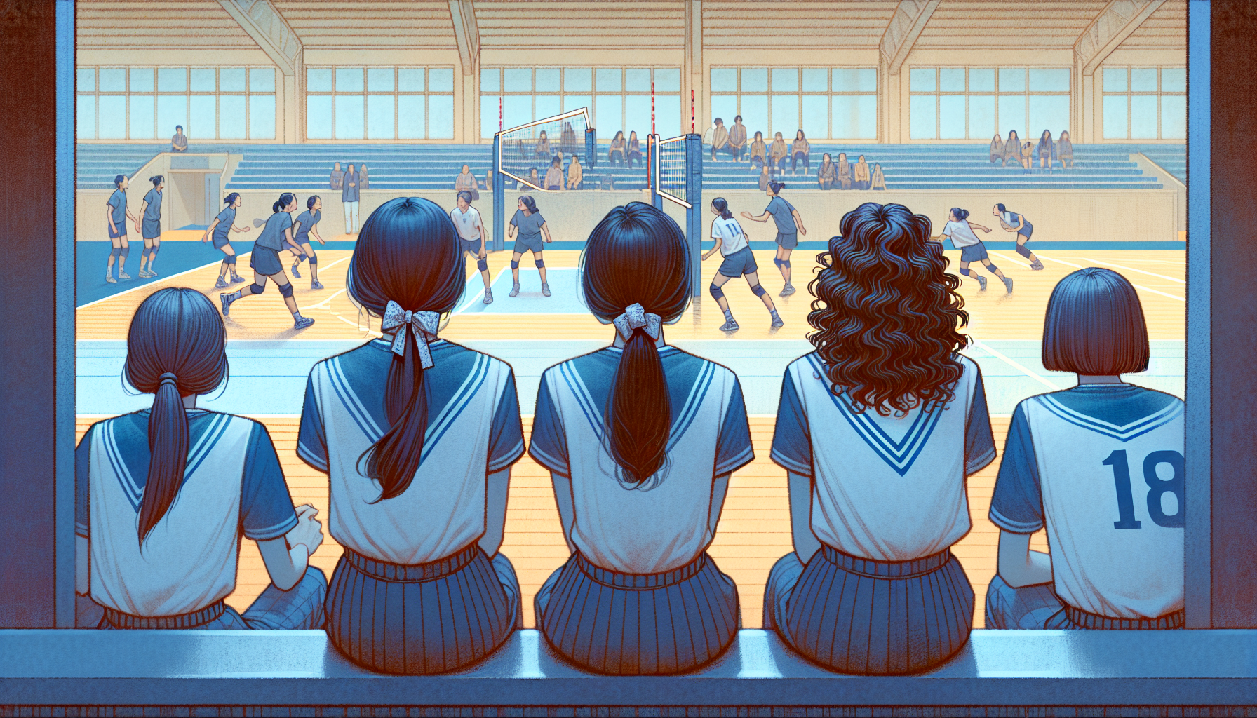 Three college volleyball varsity players sitting in the bleachers their backs only were seen. The two girls have long hair in their ponytails the other girl in the middle has a short wavy hair. They were watching the practice play of volleyball

