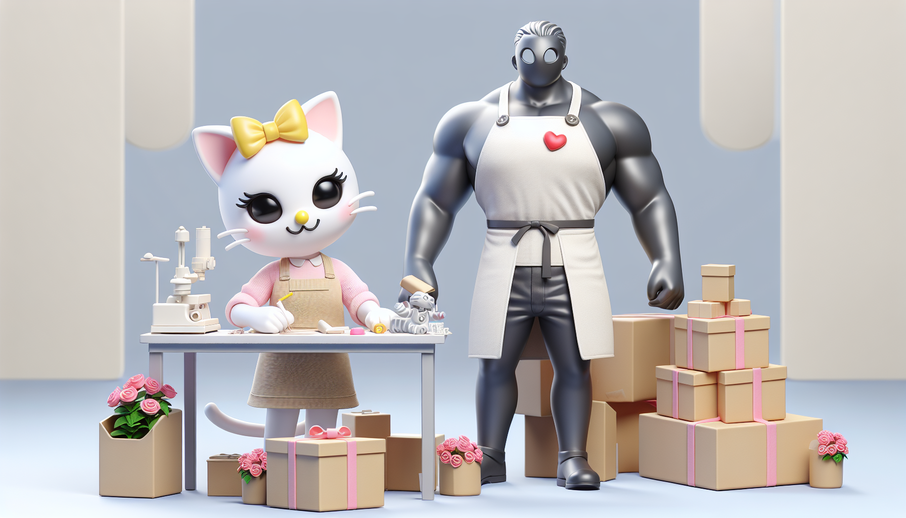 Create Hello Kitty wearing a work apron, crafting alongside her, or Batman putting together gifts for couples. Do it as 3D art, please.