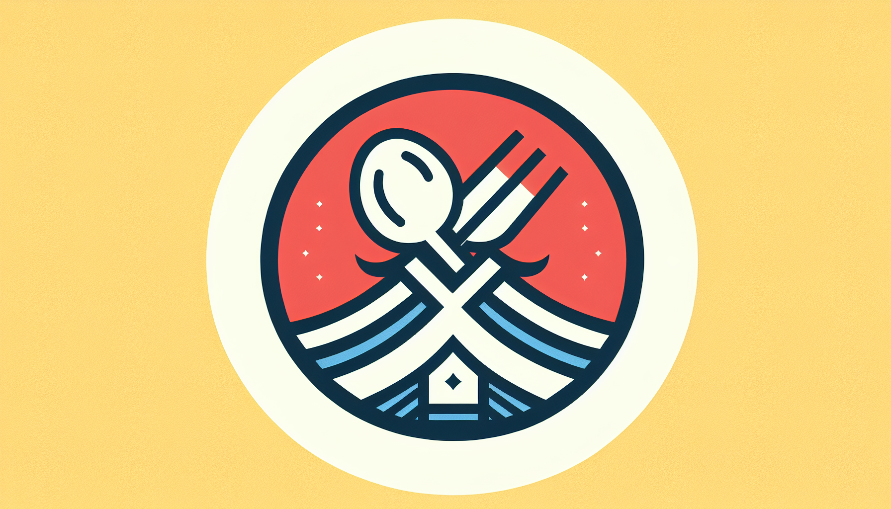 Logo moderno para un restaurante. Dentro de un círculo aparece un diseño minimalista: un tenedor y una cuchara cruzados en el centro, sobre ellos un techo estilizado en forma de casita. El fondo es amarillo. Los elementos usan únicamente los colores rojo, azul, blanco y negro, combinados de forma armónica. Estilo vectorial, limpio y elegante, pensado para funcionar bien en señalización, menús y branding.