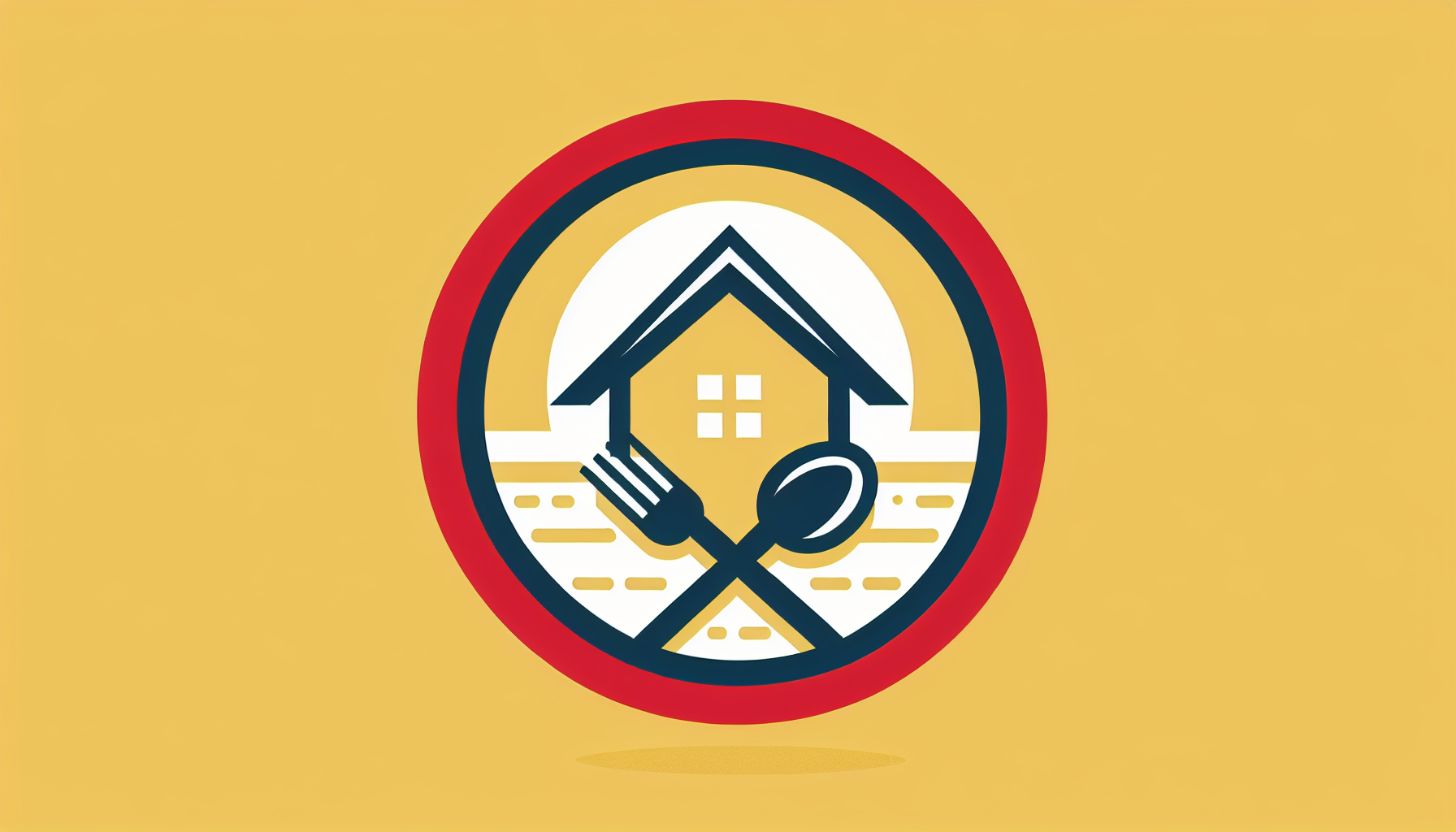 Logo moderno para un restaurante. Dentro de un círculo aparece un diseño minimalista: un tenedor y una cuchara cruzados en el centro, sobre ellos un techo estilizado en forma de casita. El fondo es amarillo. Los elementos usan únicamente los colores rojo, azul, blanco y negro, combinados de forma armónica. Estilo vectorial, limpio y elegante, pensado para funcionar bien en señalización, menús y branding.