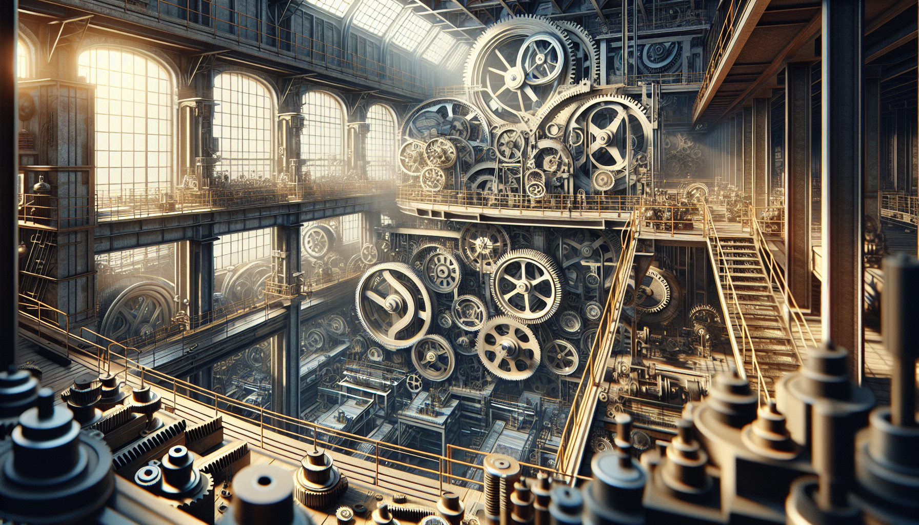 
factory VIEW FROM INSIDE WITH WHEELS AND GEARS LIKE A CLOCK
