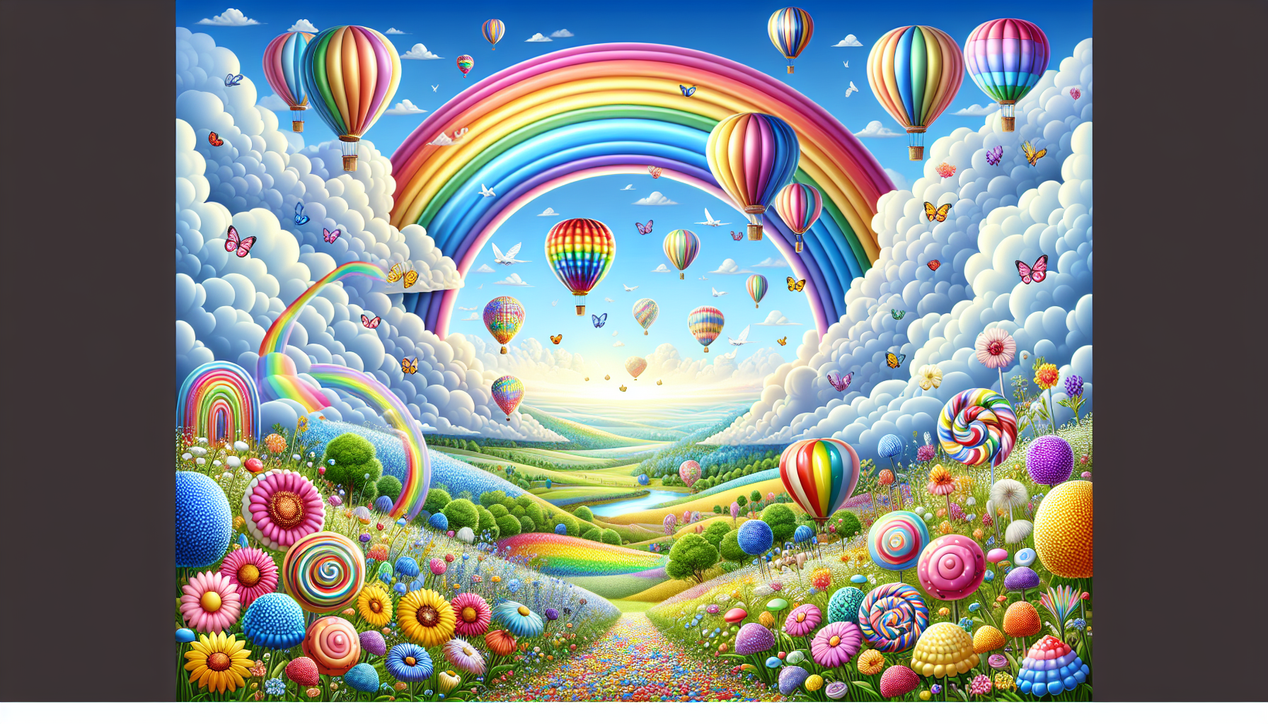 LANDSCAPE with rainbow, hot air balloons, sky, clouds, flowers, fairy tale image, SWEETS