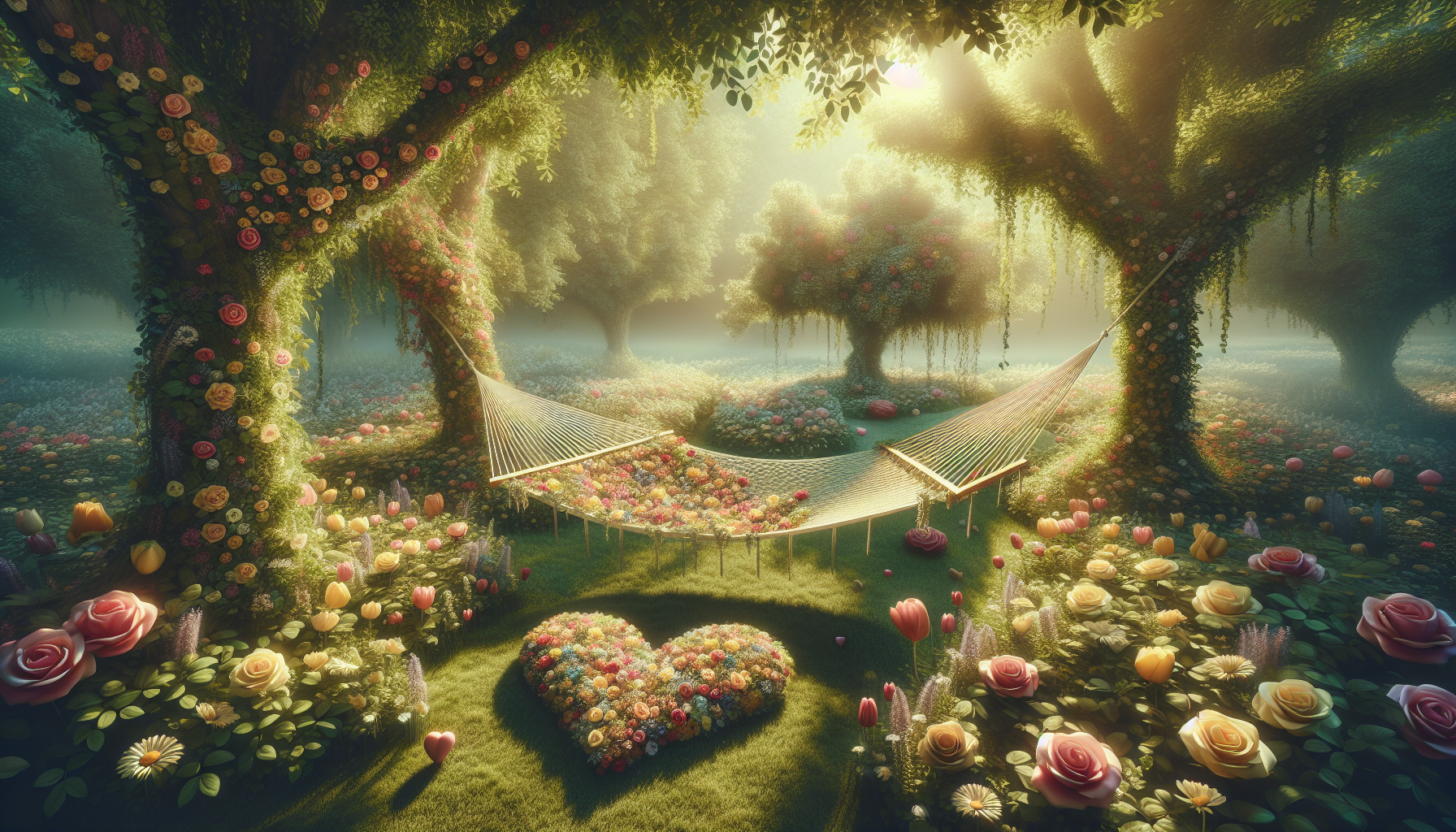 hammock with flowers, hearts, storybook image