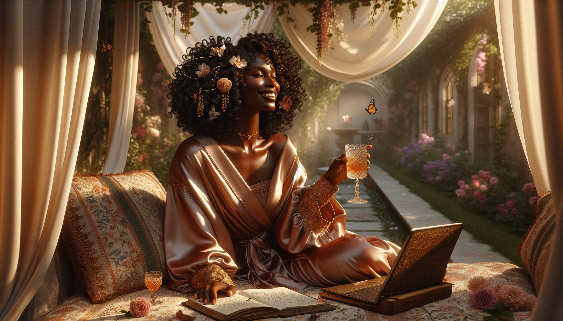 A luminous, sensual image of a woman reclining in a sunlit courtyard filled with fragrant jasmine, wisteria, and trailing roses, symbolizing the ease and magnetism of making empowered choices from pleasure rather than pressure. She is in her late 30s, with luminous dark skin, a radiant smile, and tightly coiled natural hair adorned with gold cuffs and scattered petals. She lounges comfortably on embroidered cushions beneath a flowing white canopy, her silk robe in blush and bronze slipping off one shoulder, revealing confidence and softness in equal measure. A vintage journal and pen rest on her lap, untouched for the moment, as she sips from a delicate crystal glass of rosewater. Around her, the courtyard is alive—sunlight filters through climbing vines overhead, casting dancing shadows, while a fountain trickles peacefully nearby. The air glows with golden light, and butterflies move lazily through shafts of warmth. A laptop sits nearby, open but not dominating the scene—its presence symbolic, not central. The mood is magnetic, easeful, and sensually alive. She is choosing with her body, her breath, her being. Mid-shot, angled from slightly above, photorealistic textures in skin, silk, stone, water, and plant life. Lighting is soft and golden, evoking feminine sovereignty and pleasure-led decision-making.