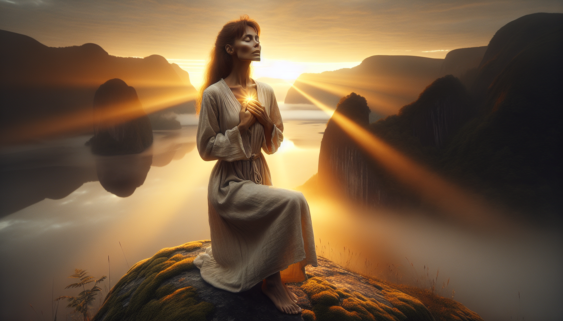 A deeply introspective image of a woman standing at the edge of a quiet cliff at sunrise, her eyes gently closed, face tilted upward as the first golden light touches her skin. She is in her early 40s, with long, slightly tousled auburn hair and a calm yet resolute expression. She wears a simple but elegant wrap dress in soft cream and gold tones, lightly caught in the breeze. Her bare feet rest on moss-covered stone, grounding her fully in the present moment. One hand rests over her heart, the other extended slightly outward, as if inviting something unseen. Behind her, a vast, dreamlike landscape stretches—mountains fading into mist, a glowing valley below, and flocks of birds beginning to rise into the sky. The air shimmers faintly with possibility. The scene captures a frozen breath—the exact moment between stillness and decision. Around her, time feels suspended. Soft, ambient particles of golden light rise from the earth as if awakened by her intention. The light gradually brightens across the horizon, symbolizing transformation already underway. The composition is a mid-shot from behind and slightly angled to the side, focusing on her body language and the vast expanse she faces. Photorealistic rendering with soft, radiant lighting, detailed skin, hair, fabric, and atmospheric textures. Mood: awakening, sovereignty, sacred clarity.