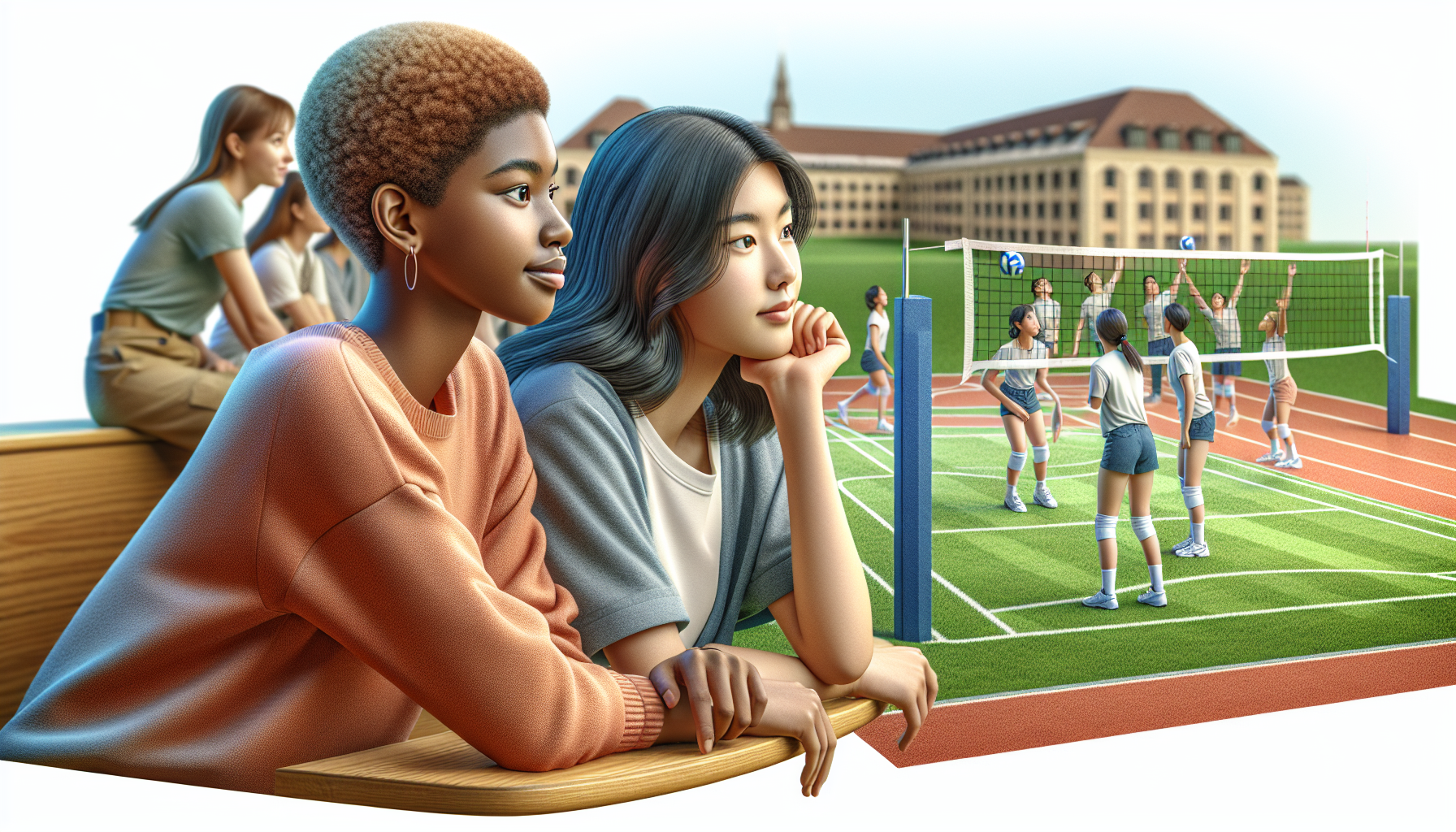 Two beautiful college students sitting side by side while watching a volleyball practice. The other girl has short hair and the other one has long hair